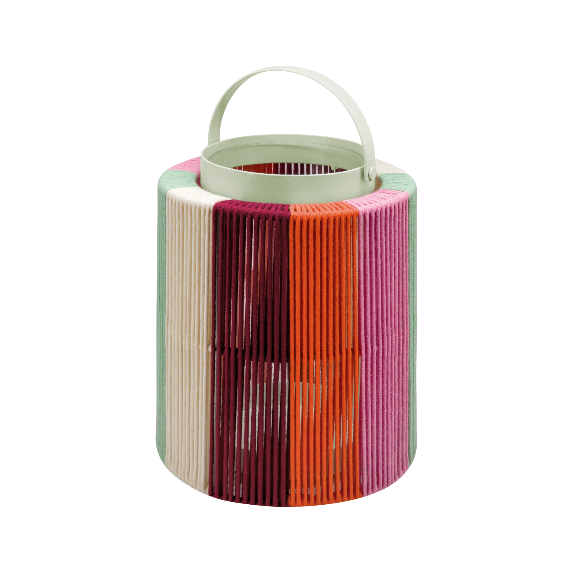 Laterne 'Maja' Sonnenaufgang: Zylindrische Laterne mit Griff, umwickelt mit bunten Baumwollschnüren in Grün, Beige, Rot, Orange und Pink.