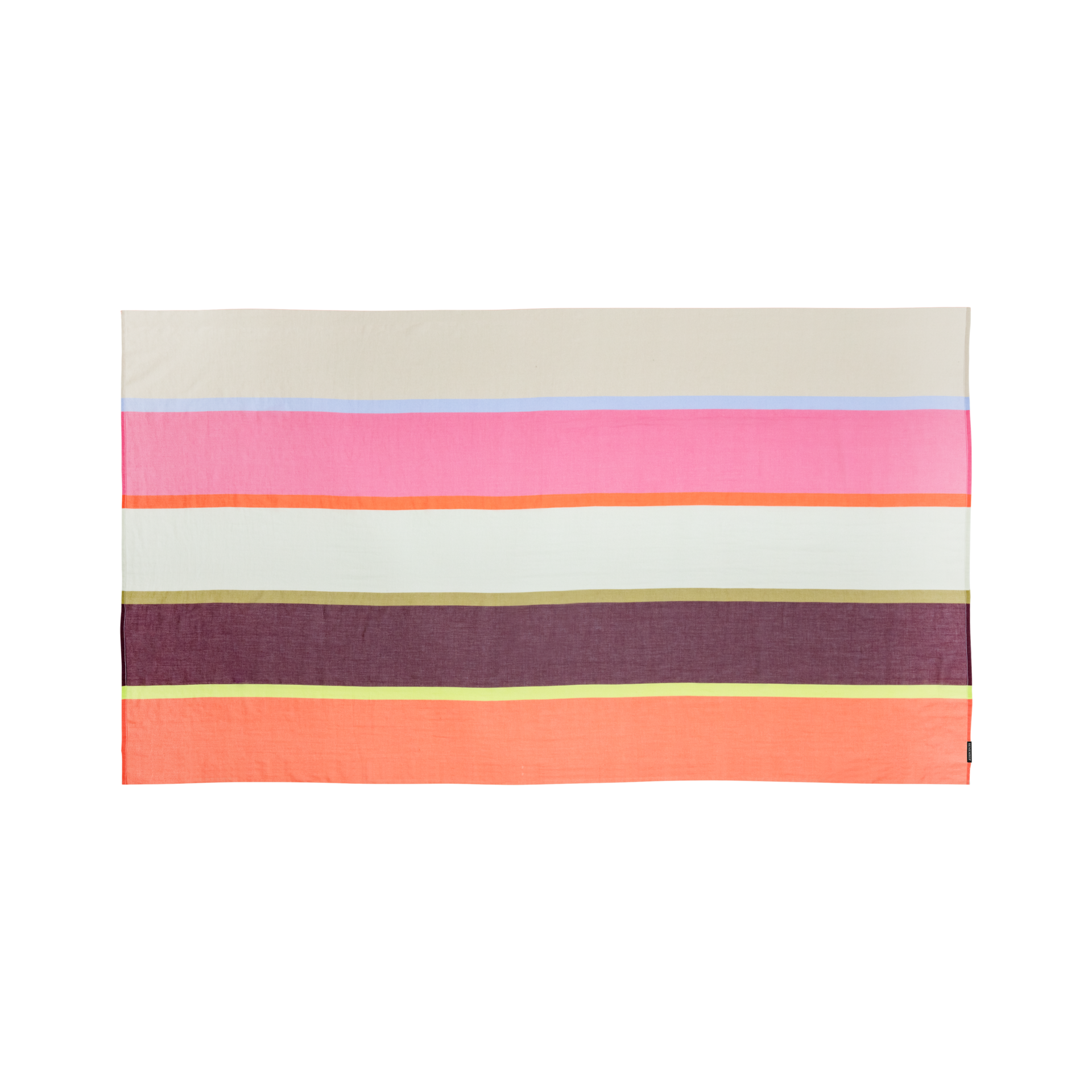 Rechteckiger Pareo 'Nissi' mit horizontalen Streifen in Beige, Rosa, Orange, Weiß, Lila, und Grün.