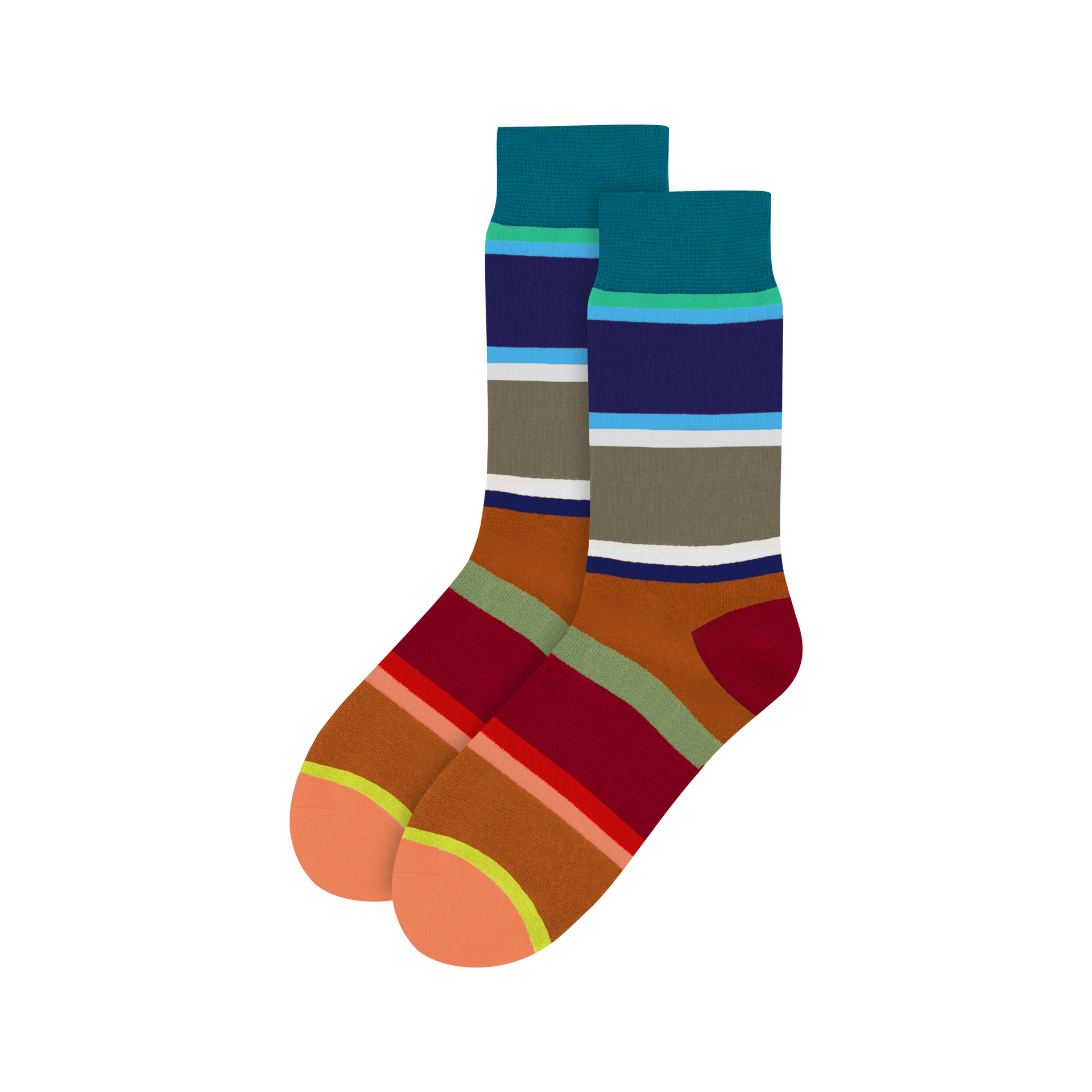 Zwei bunte Socken Modell 45, Größe 41-46, gestreift in den Farben Rot, Braun, Grün, Grau, Blau und Türkis, auf weißem Hintergrund.