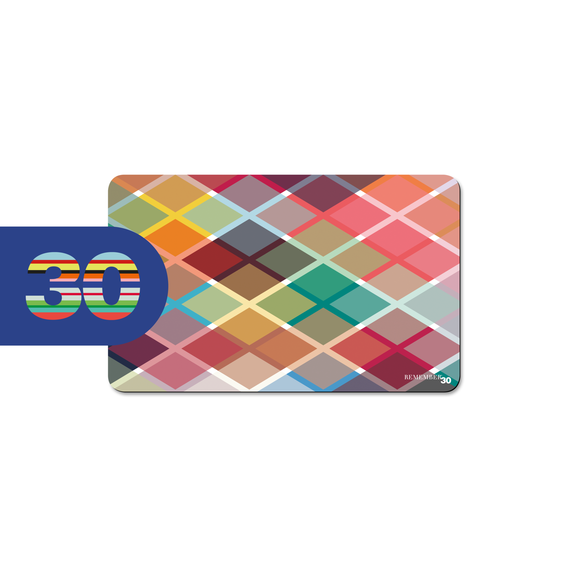 Planche à déjeuner rectangulaire avec un motif en losange coloré. À gauche, une forme bleue avec le chiffre 30 en bandes colorées.