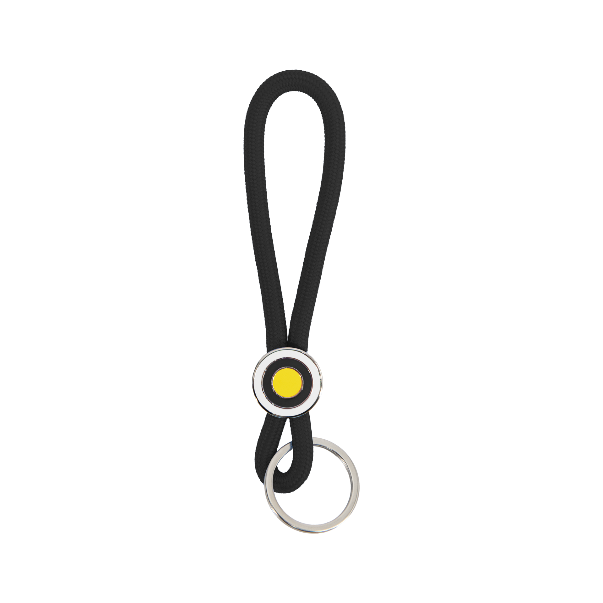 Porte-clés noir en corde tressée, en forme de boucle. Au centre, un anneau métallique brillant maintient la corde, avec un liseré noir et un cercle jaune vif au design Ringo. En bas, un anneau à clés argenté.
