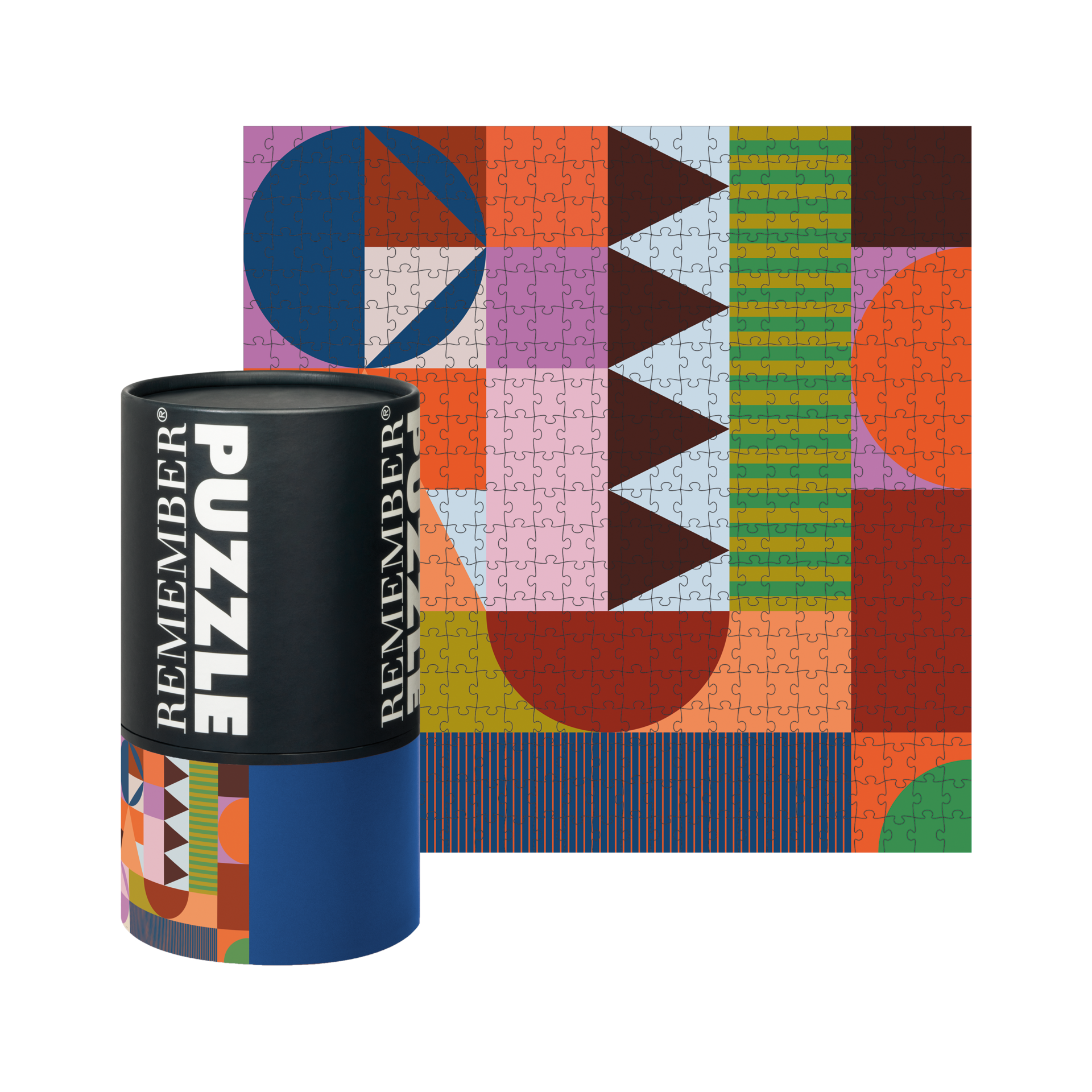 Ein 'Patch' Puzzle, bestehend aus 500 Teilen, mit geometrischen Mustern und einem Aufbewahrungsbehälter. Das Motiv zeigt Kreise, Dreiecke und Quadrate in diversen Farben.