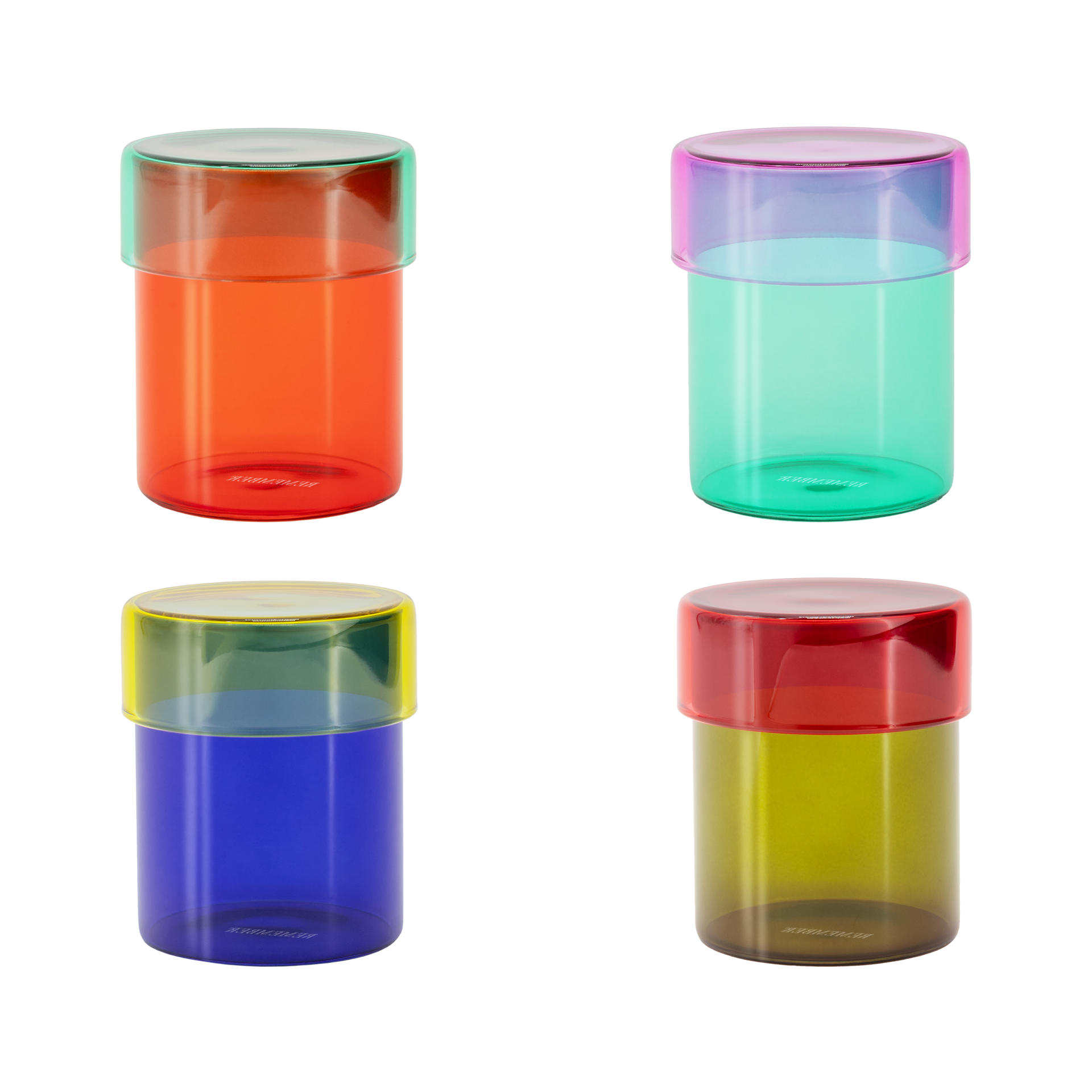Vier Glasdosen-Sets 'Cosima' in Orange, Türkis, Blau und Gelb mit farblich passenden Deckeln. Jede Dose ist zylindrisch und transparent.