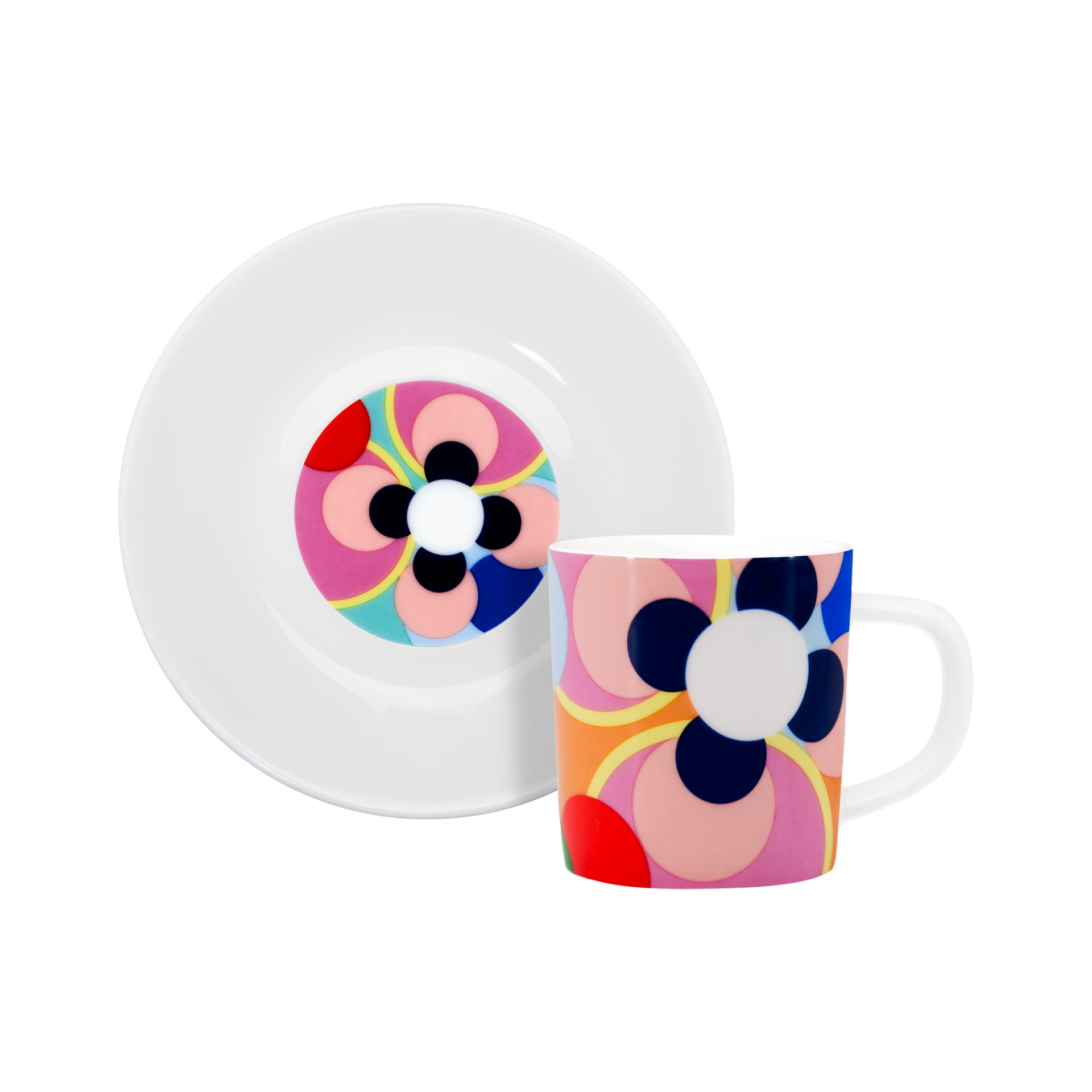 Espressotasse mit Unterteller: Weißes Porzellan mit farbenfrohem, abstraktem Blütenmuster in Pink, Blau, Rot und Schwarz.