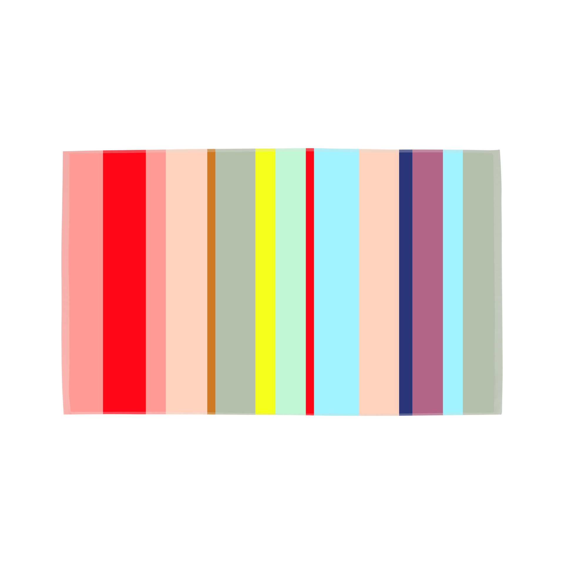 Rechteckiger Badteppich Nizza mit Streifen in Rot, Gelb, Blau und Pastellfarben.