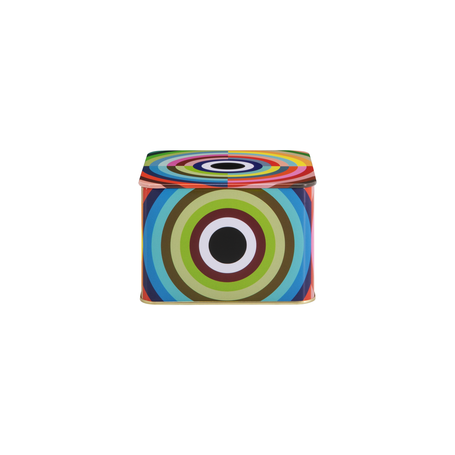 Boîte en fer-blanc rectangulaire « REMEMBER 30 » avec motif circulaire multicolore. Couvercle et parois à anneaux concentriques bleu, vert, rouge, orange et rose, vers un centre noir. Rangement élégant.