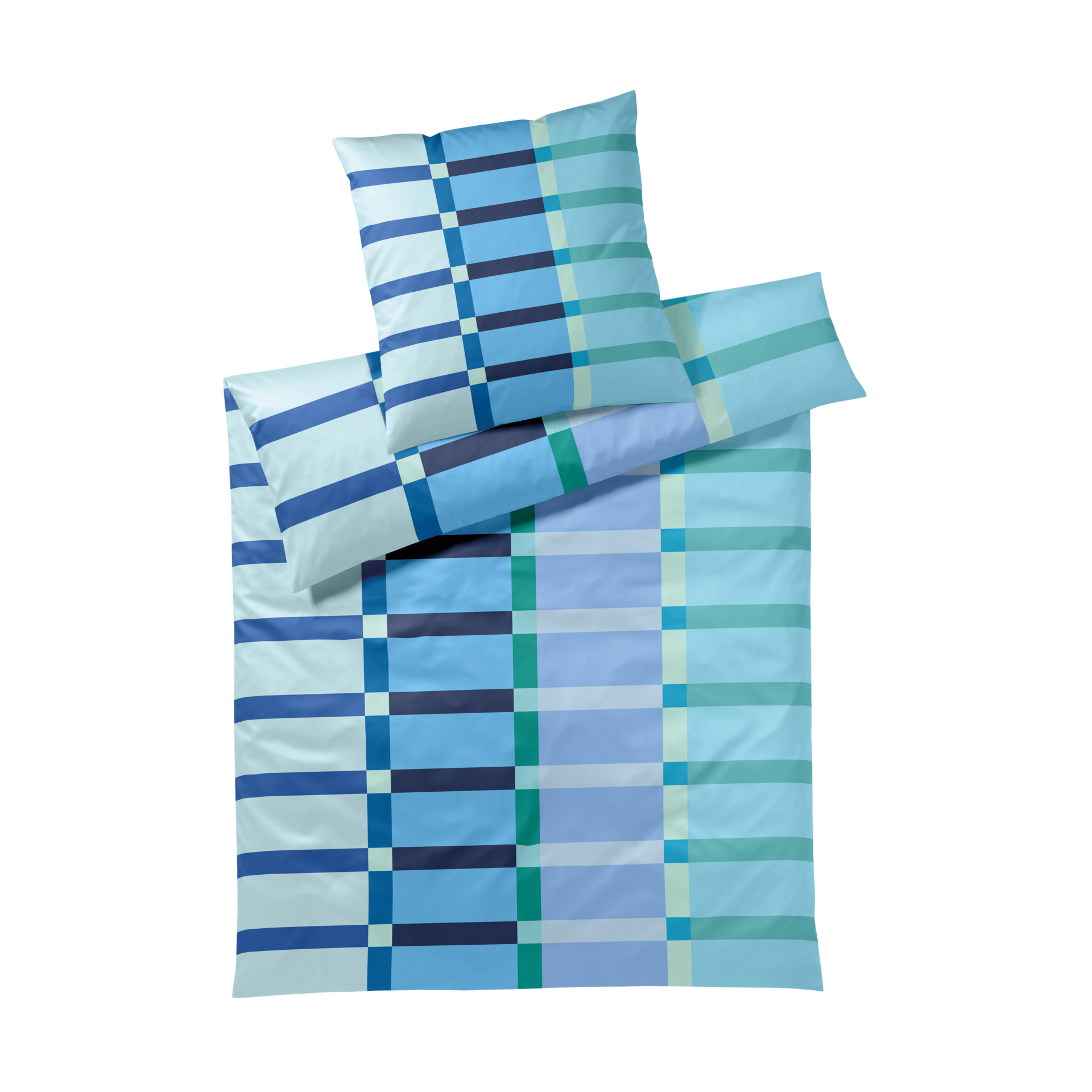 Parure de lit « Lucca » en satin Mako lisse, avec housse de couette et deux taies d'oreiller. Grandes rayures et rectangles bleus du clair au foncé, relevés de touches turquoise et vert menthe. Moderne et apaisant.