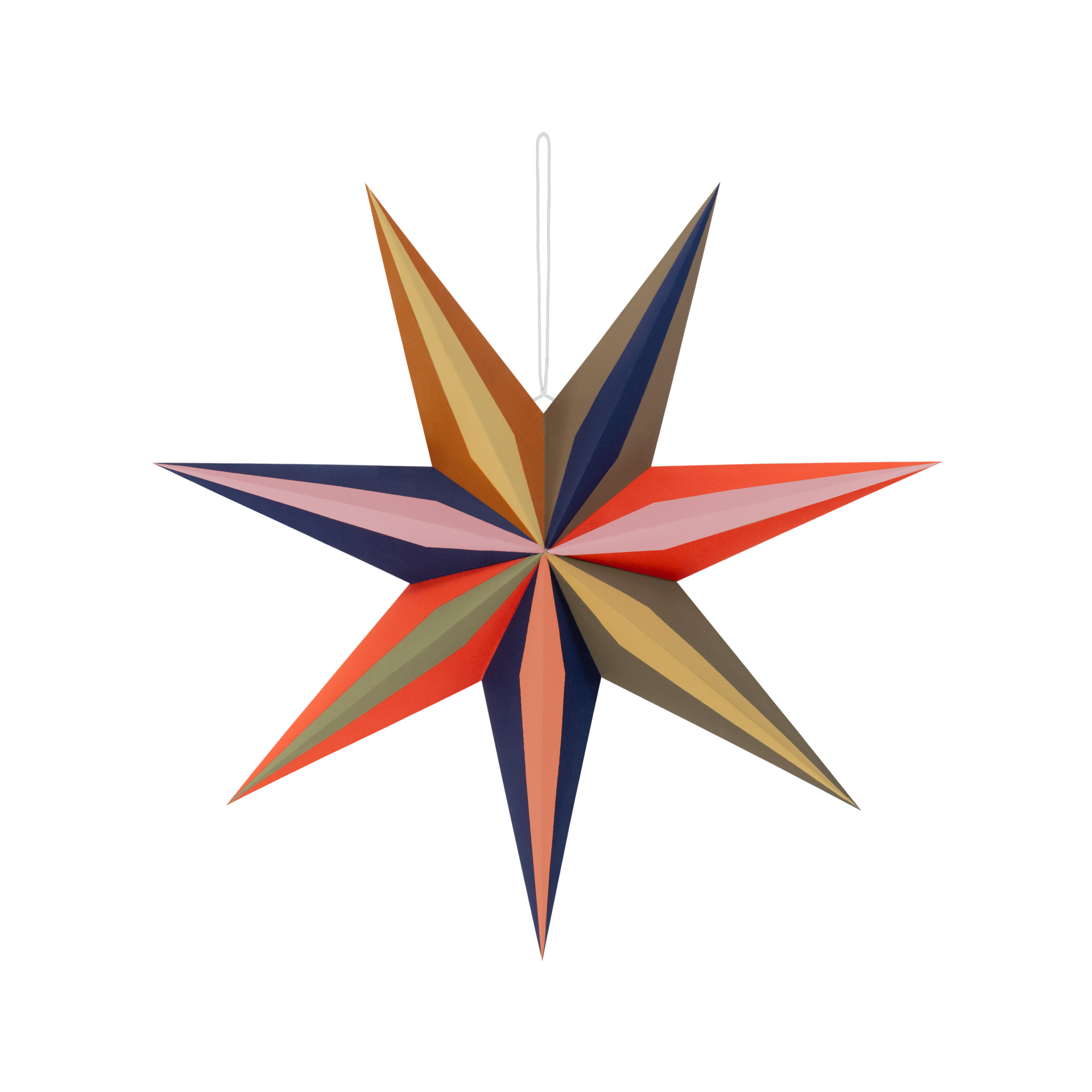Une étoile en papier multicolore 'Mago' avec une cordelette pour la suspendre. Les différentes pointes sont rayées de différentes couleurs et se terminent en pointe.