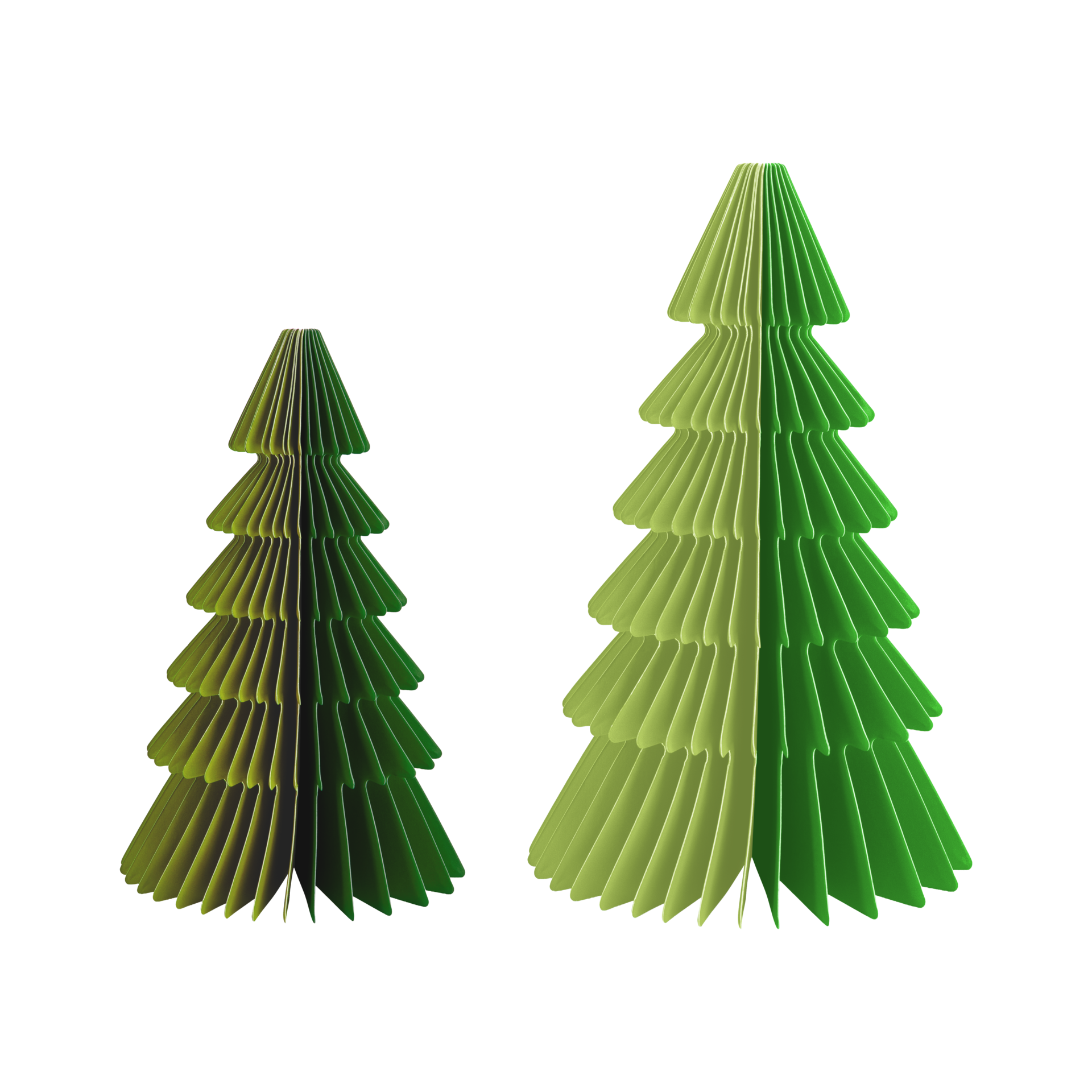 Deux sapins Finn en papier, en deux tailles, réalisés avec soin en papier de haute qualité. Motif bicolore vert clair/vert foncé, sublimé par le pliage en accordéon. Ces sapins festifs apportent une touche d'élégance.