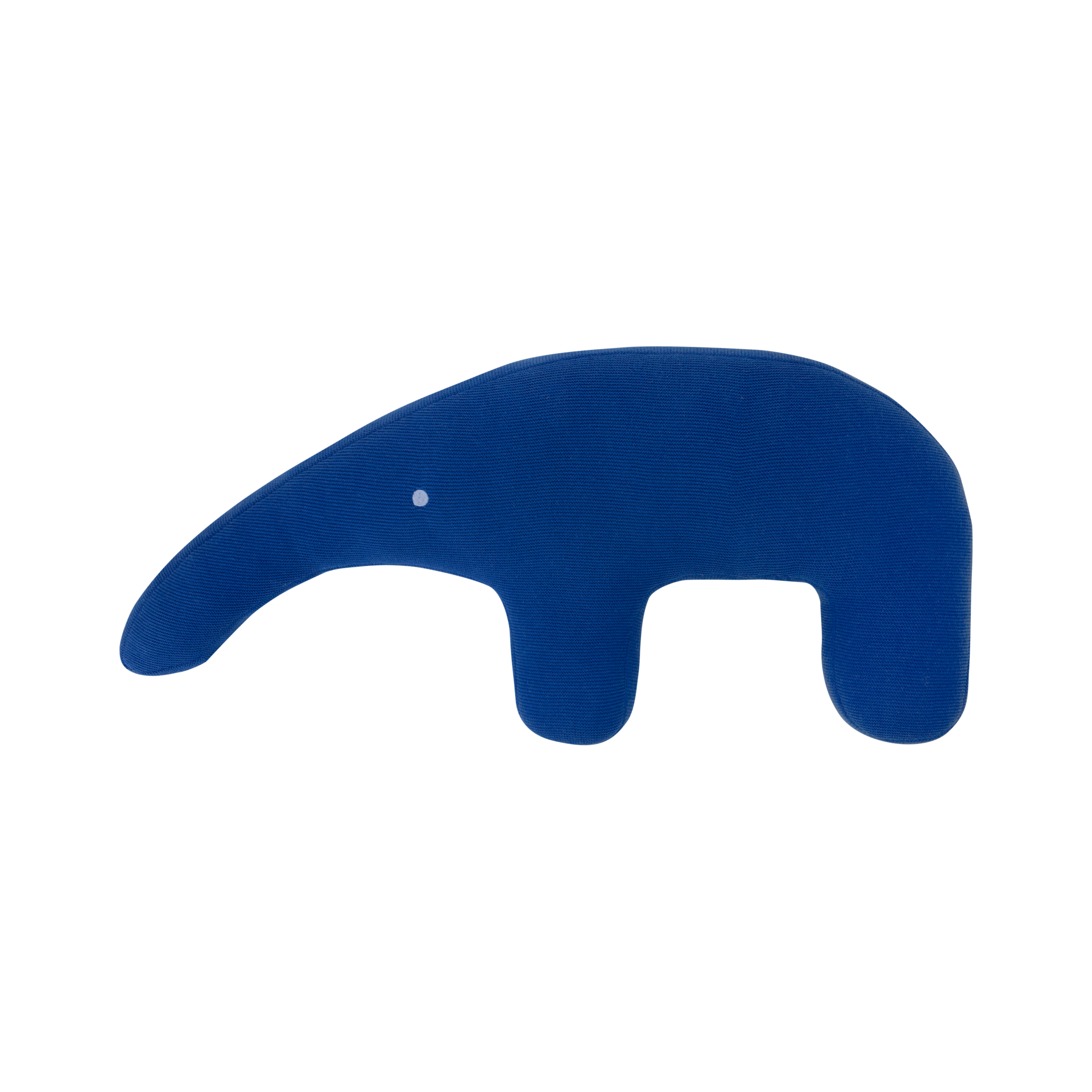 Blauer, liegender Kuscheltier-Ameisenbär Edgar mit Rüssel und Beinen. Das Kissen hat ein Auge.