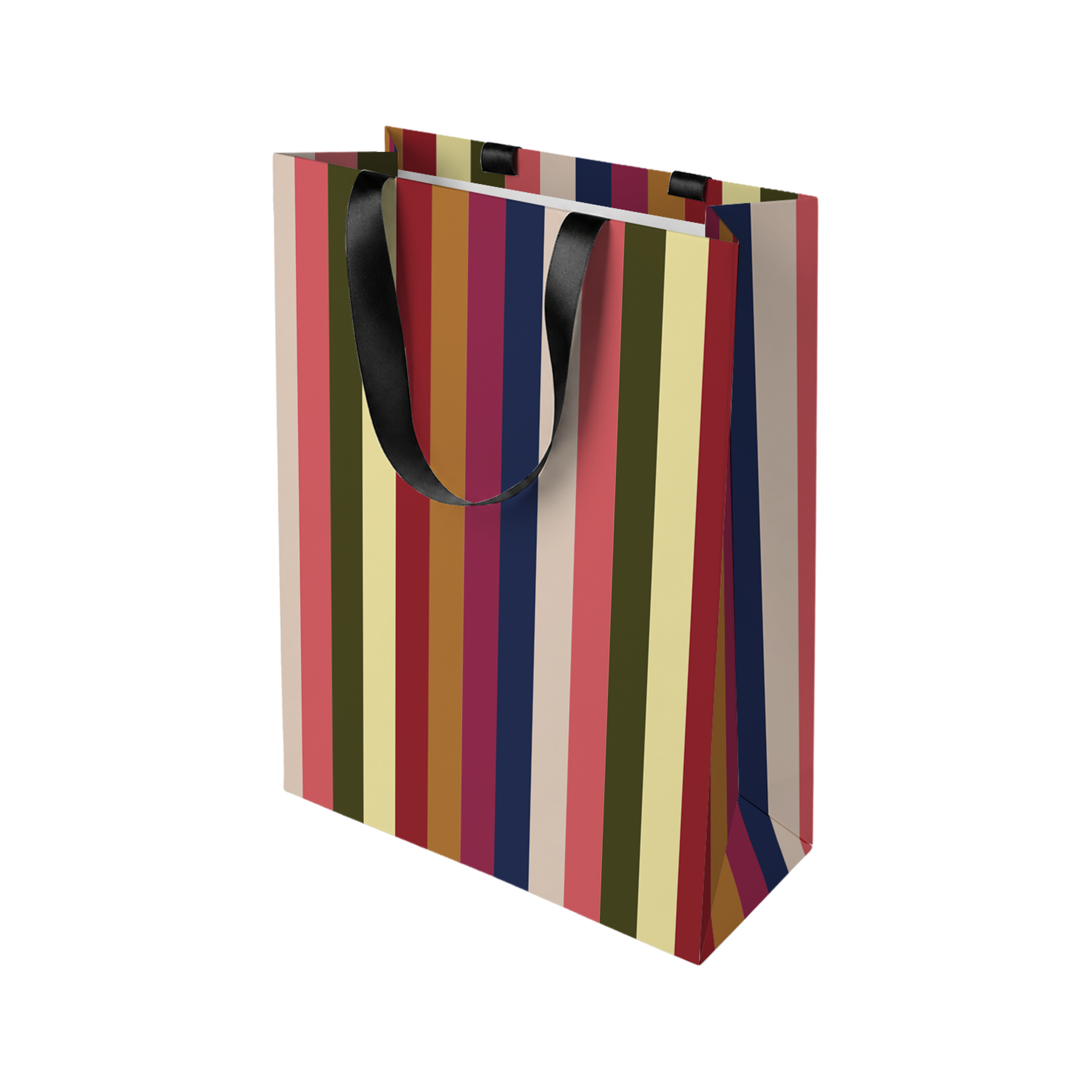 Aufrecht stehende Geschenktüte mit bunten Streifen (Rot, Beige, Dunkelblau, Senfgelb, Dunkelgrün, Rosa, Braun) und zwei schwarzen Satinbandgriffen. Stabile, leicht glänzende Papiertüte. Festlich aus dem „Joy“ 8er-Set.