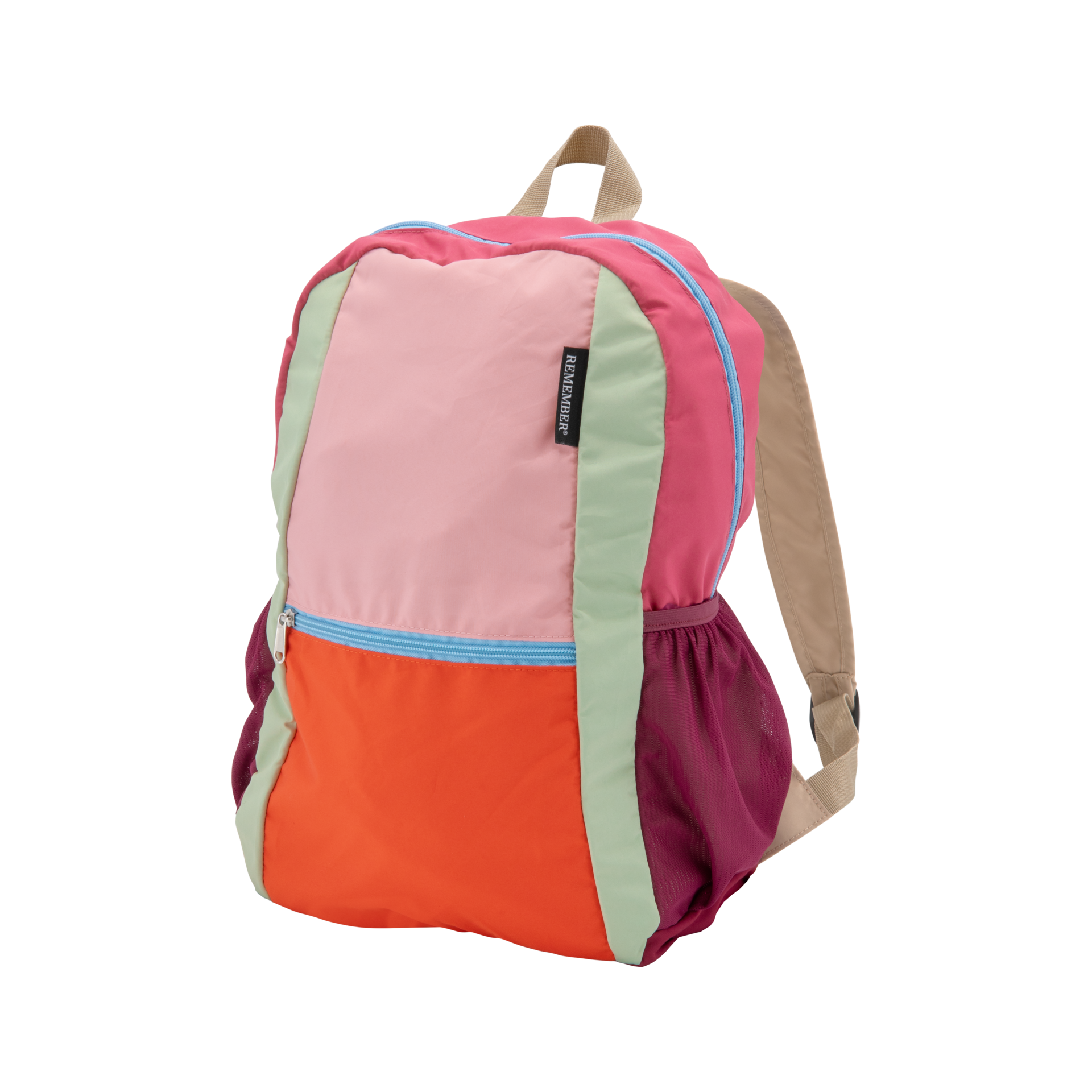 Sac à dos pliable multicolore (rose, fuchsia, vert menthe, orange) en polyester léger. Avec poche avant zippée bleu clair, poches latérales en filet bordeaux, bretelles beiges. Étiquette « REMEMBER » devant.