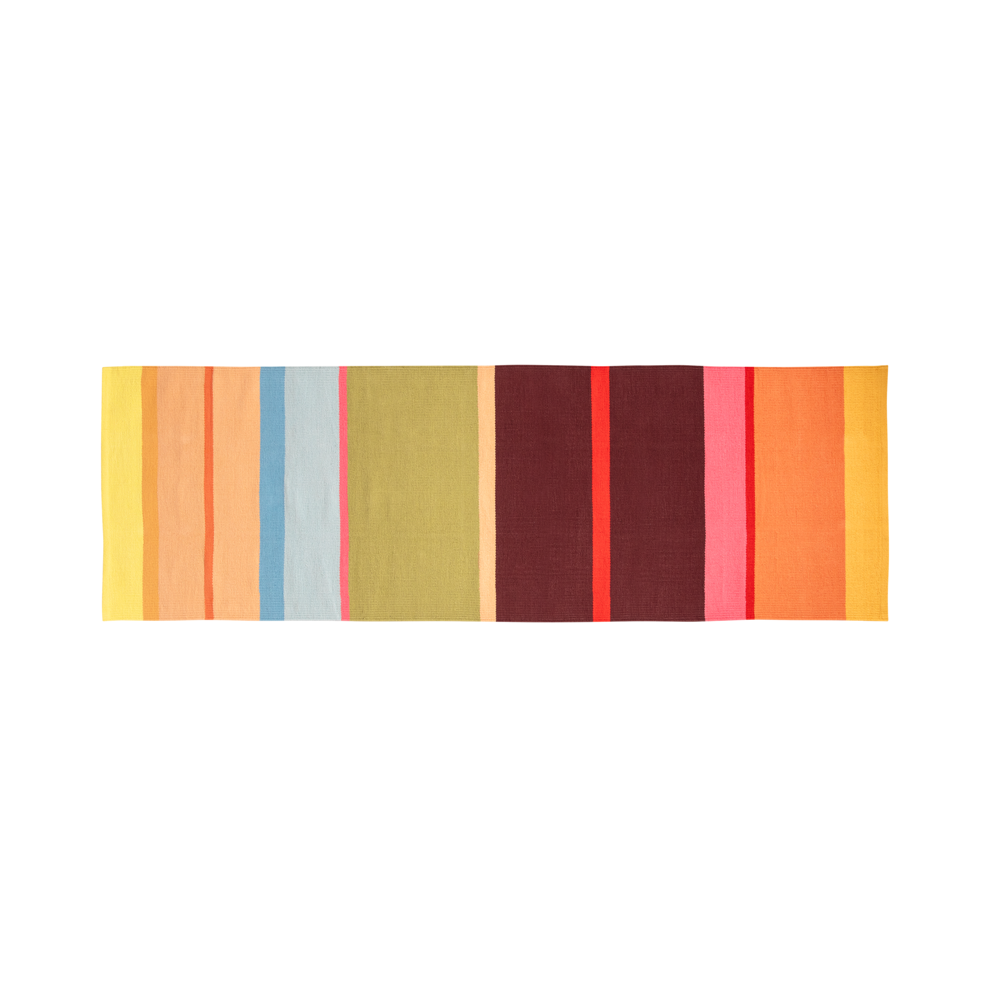 Long tapis de passage tissé à la main en pur coton, avec rayures verticales aux couleurs vives : larges bandes de jaune clair, pêche, bleu ciel, vert olive, marron, rose et orange, et fines touches d'orange, rose et rouge.