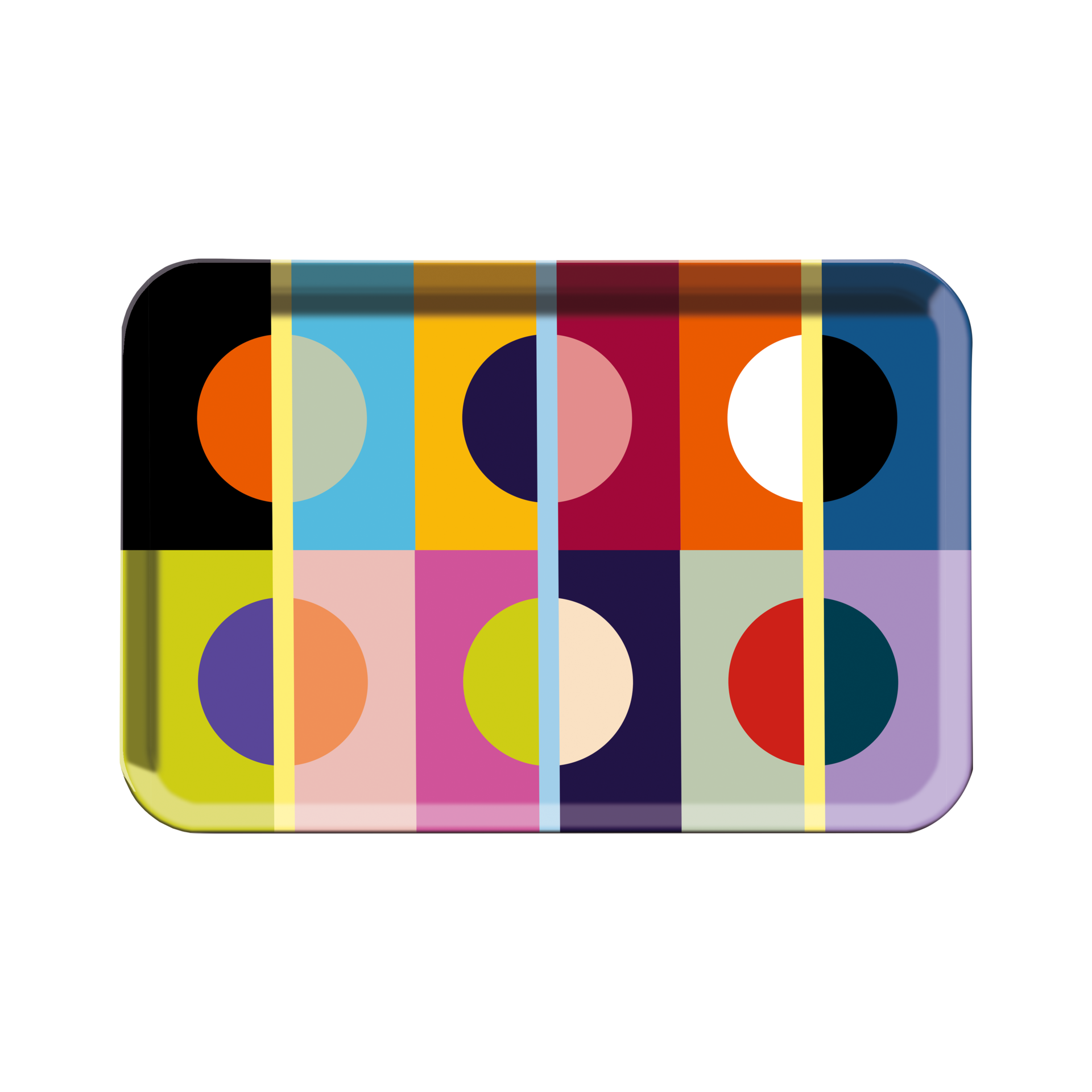Plateau rectangulaire brillant aux coins arrondis. Huit compartiments ornés de demi-cercles et de sphères abstraits dans les tons orange, bleu, vert et rouge ; des lignes verticales et horizontales s'entrecroisent.