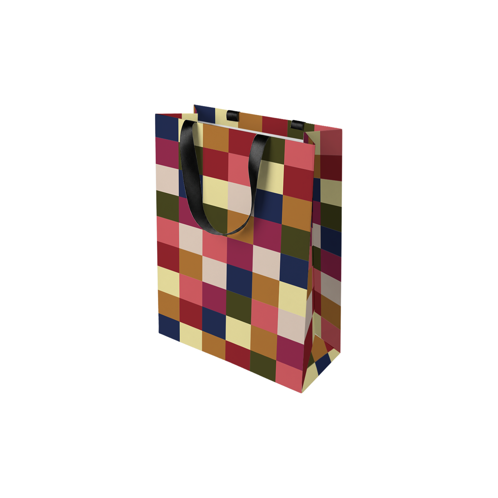 Eine aufrecht stehende Geschenktüte mit einem lebhaften, bunten Karomuster in Rot-, Rosa-, Gelb-, Blau-, Grün- und Brauntönen. Die Papiertüte hat zwei glänzende, schwarze Satinbandgriffe. Sie ist bereit, ein Geschenk aufzunehmen.