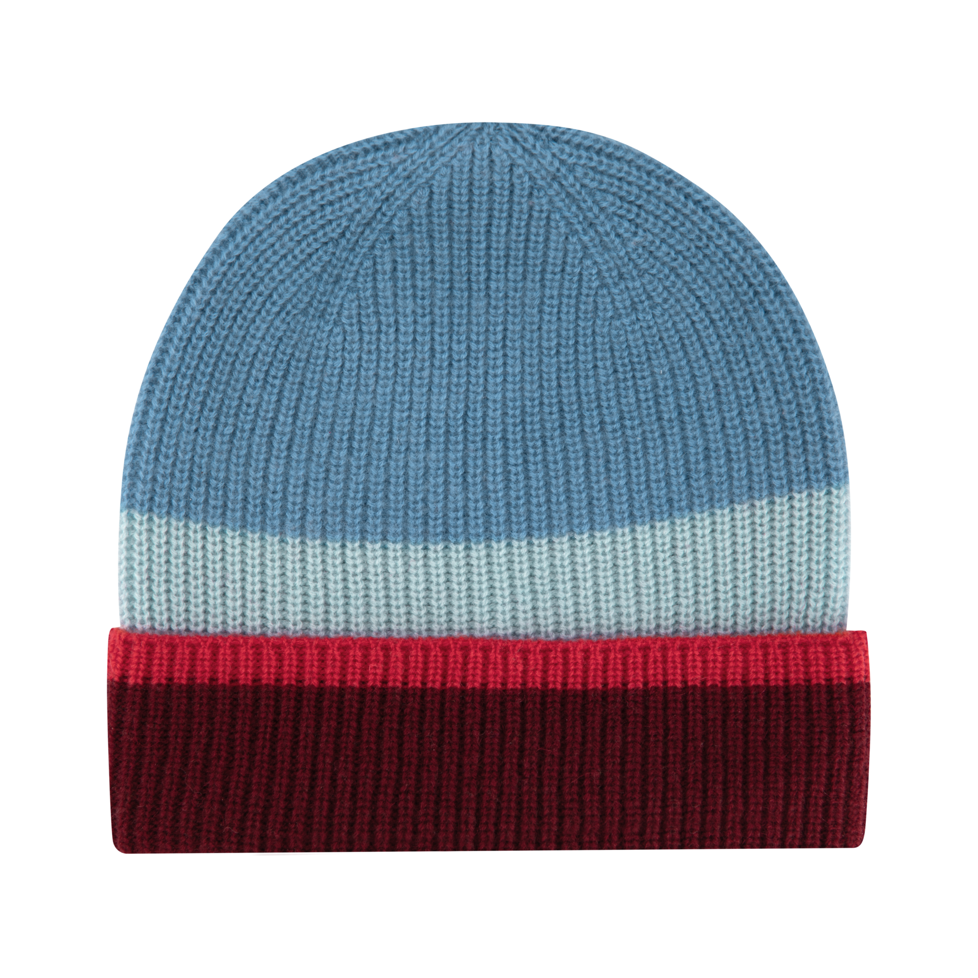 Bonnet tricoté en laine et cachemire, à motif côtelé et larges bandes horizontales colorées. Le haut est bleu clair, suivi d'une bande centrale gris clair. Le revers présente une fine bande rouge sur une large partie rouge foncé.