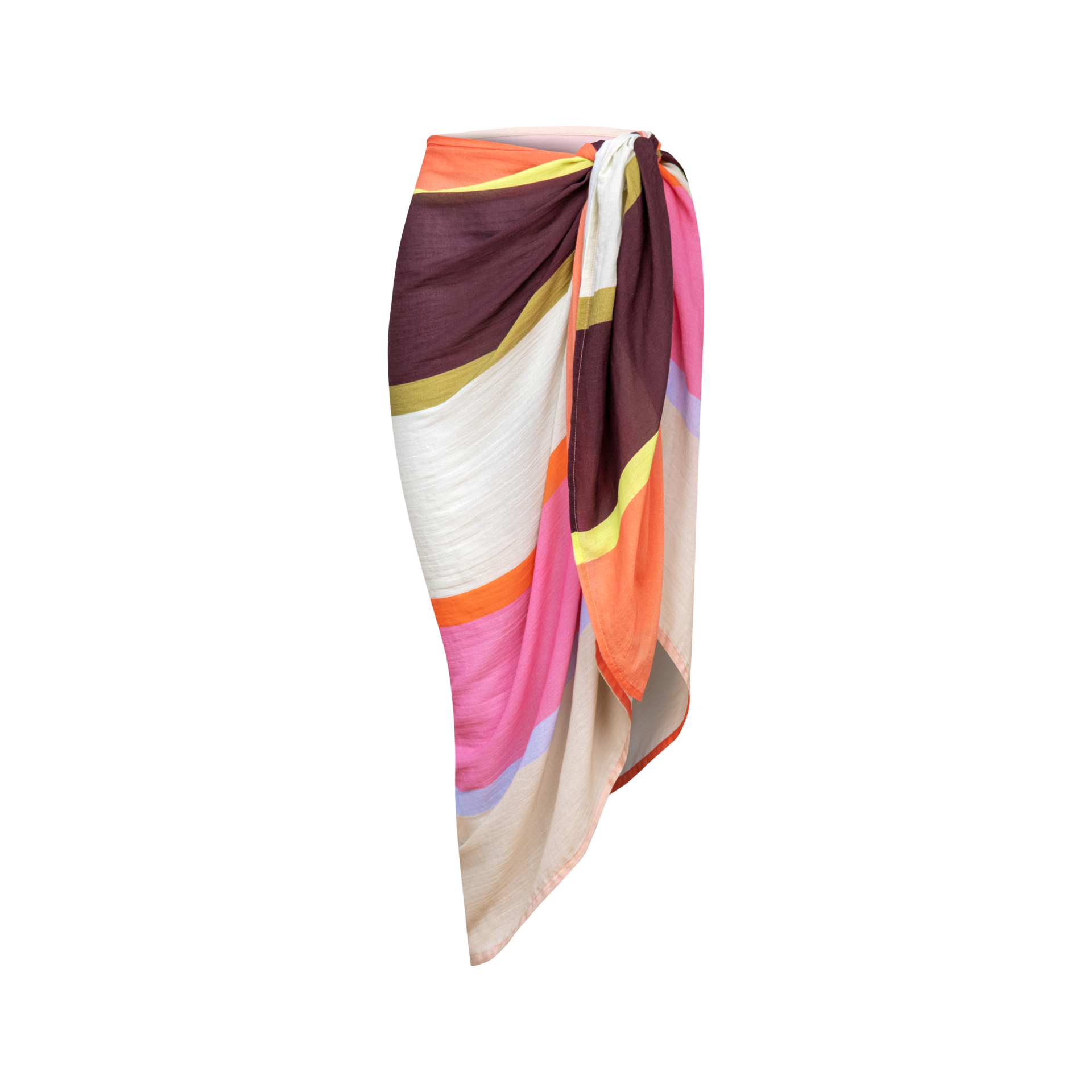 Der Pareo 'Nissi' mit einem Knoten, zeigt ein Streifenmuster in Braun, Weiß, Gelb, Orange, Rosa und Lila.