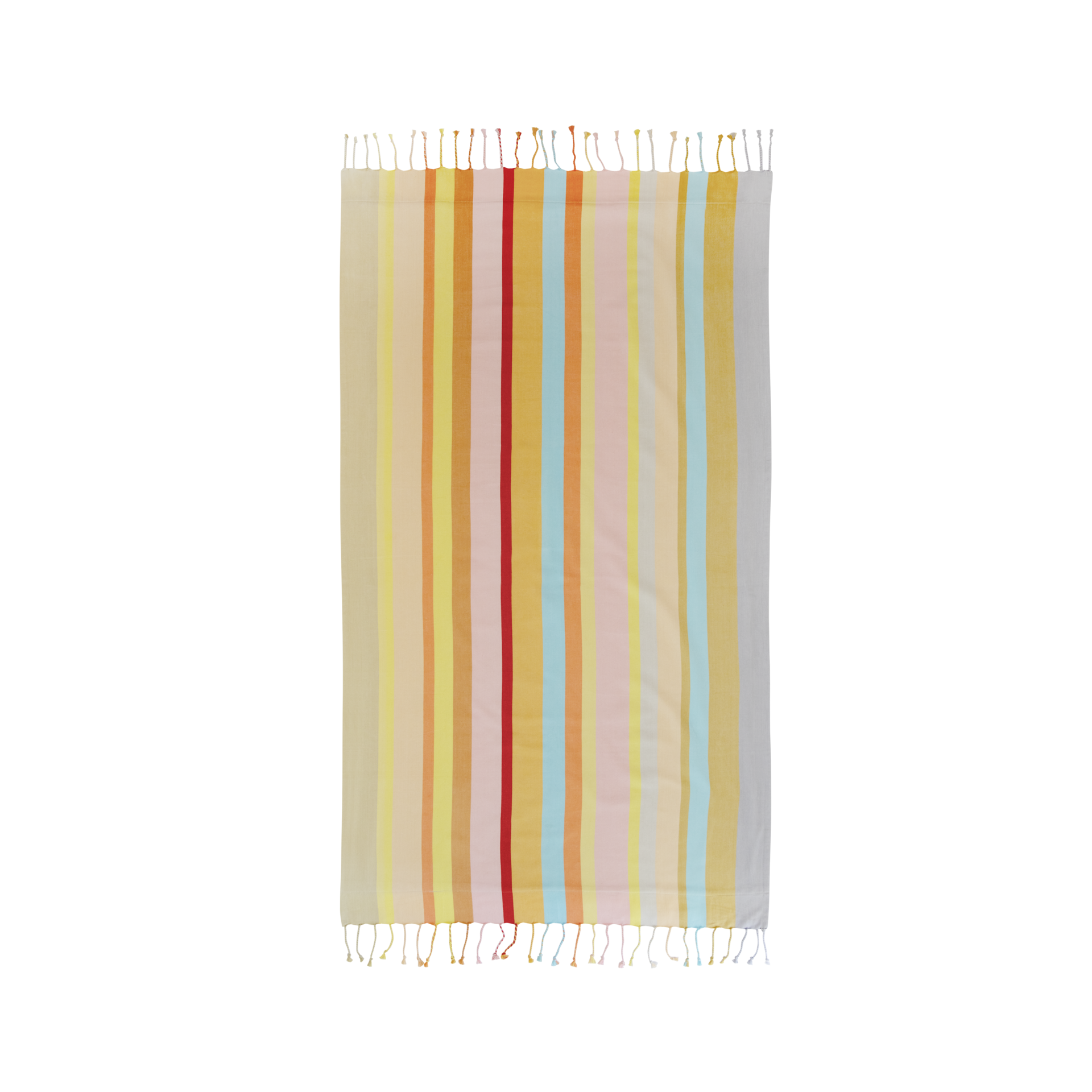 Ein Hamam-Tuch 'Levante' mit bunten Streifen und Fransen an den Enden. Die Streifen sind in Gelb-, Orange-, Rot-, Rosa- und Blautönen gehalten.