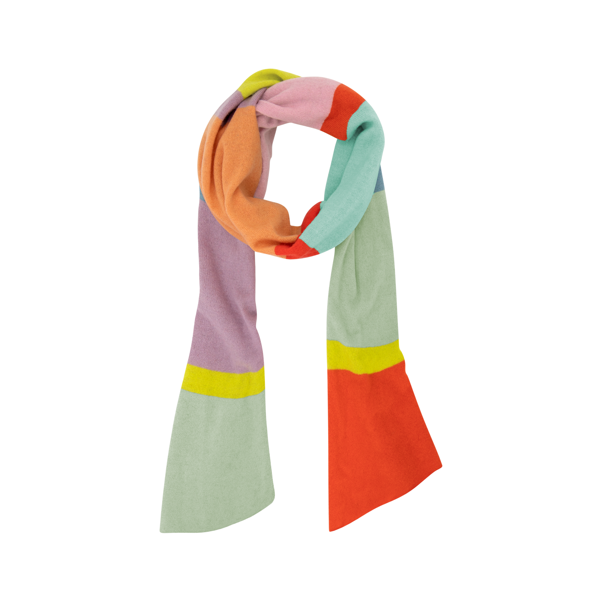 Écharpe douce en laine et cachemire, drapée en boucle. Larges blocs pastel : rose tendre, orange, bleu clair et vert menthe, rehaussés de jaune vif et de rouge intense aux extrémités. Texture douillette.