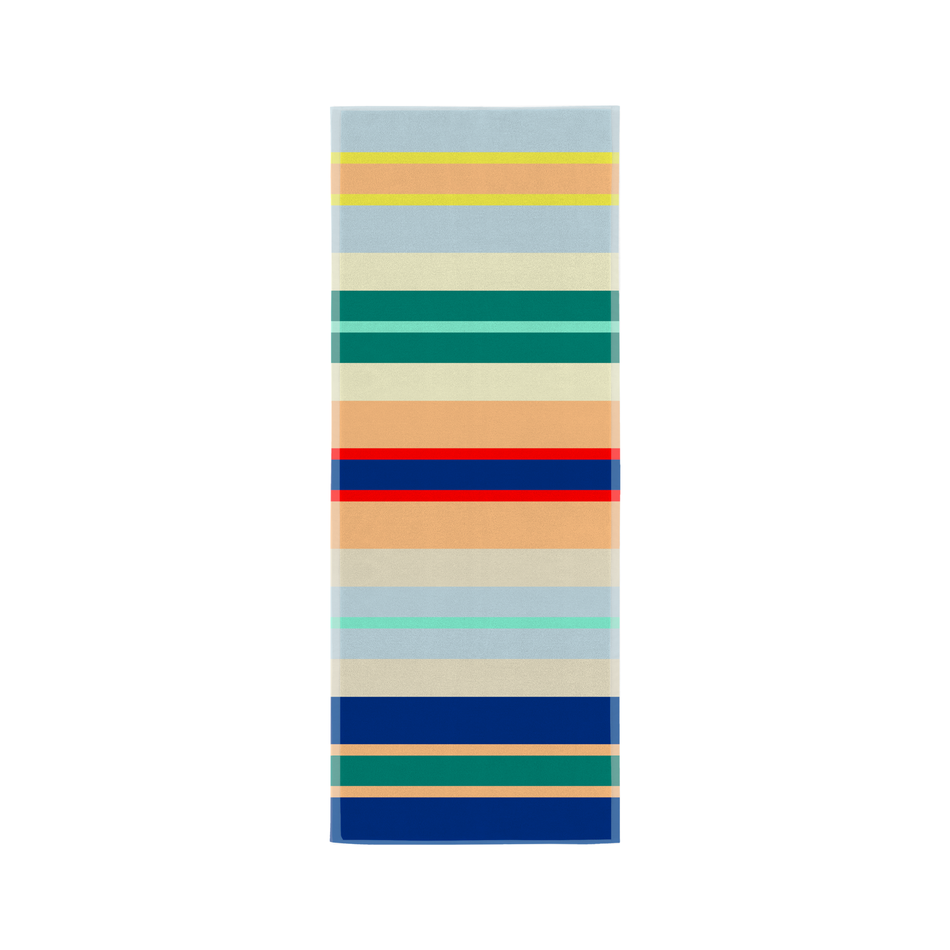 Ein flauschiges Badetuch 'Tallinn' mit bunten Streifen liegt vertikal auf einem weißen Hintergrund. Die Farben der Streifen sind Gelb, Orange, Grün, Rot, Blau und Beige.