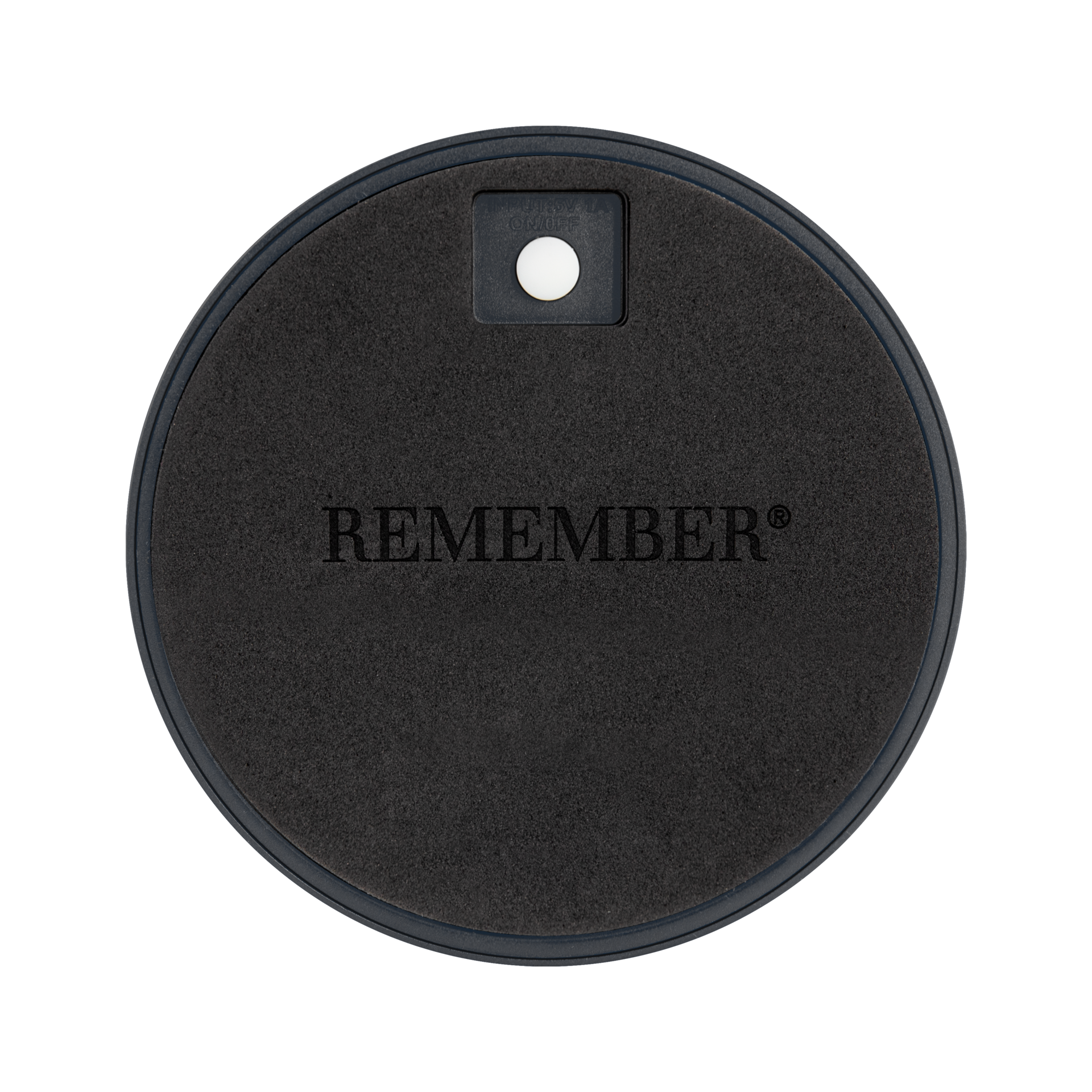 Detailaufnahme der Unterseite der Tischleuchte Fritz 'pure' mit runder Basis. Aufschrift "REMEMBER" und ein Schalter mit Ein/Aus Funktion sind sichtbar.