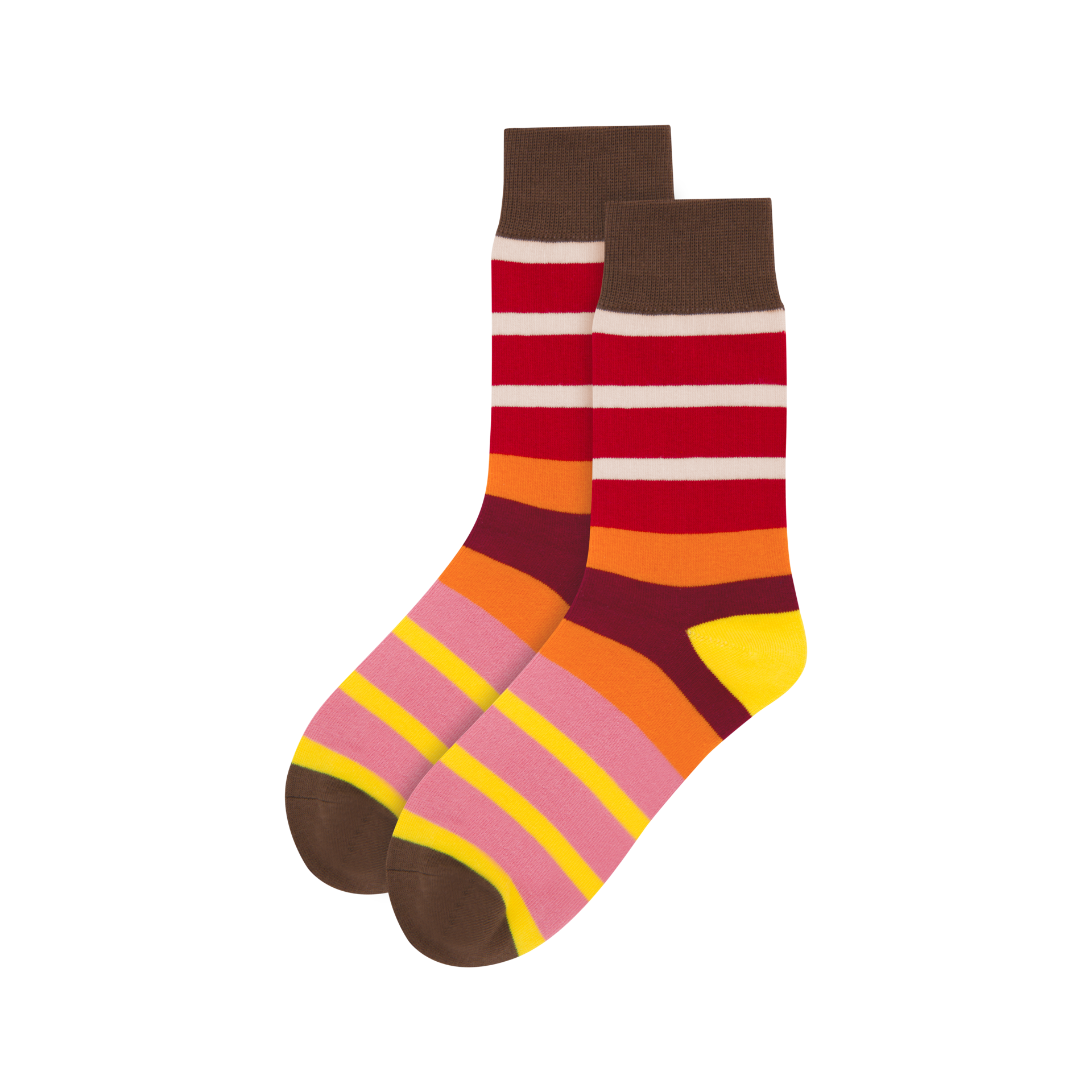 Zwei bunte Socken, Größe 41-46, mit Streifen in Braun, Rot, Weiß, Orange, Gelb und Pink.