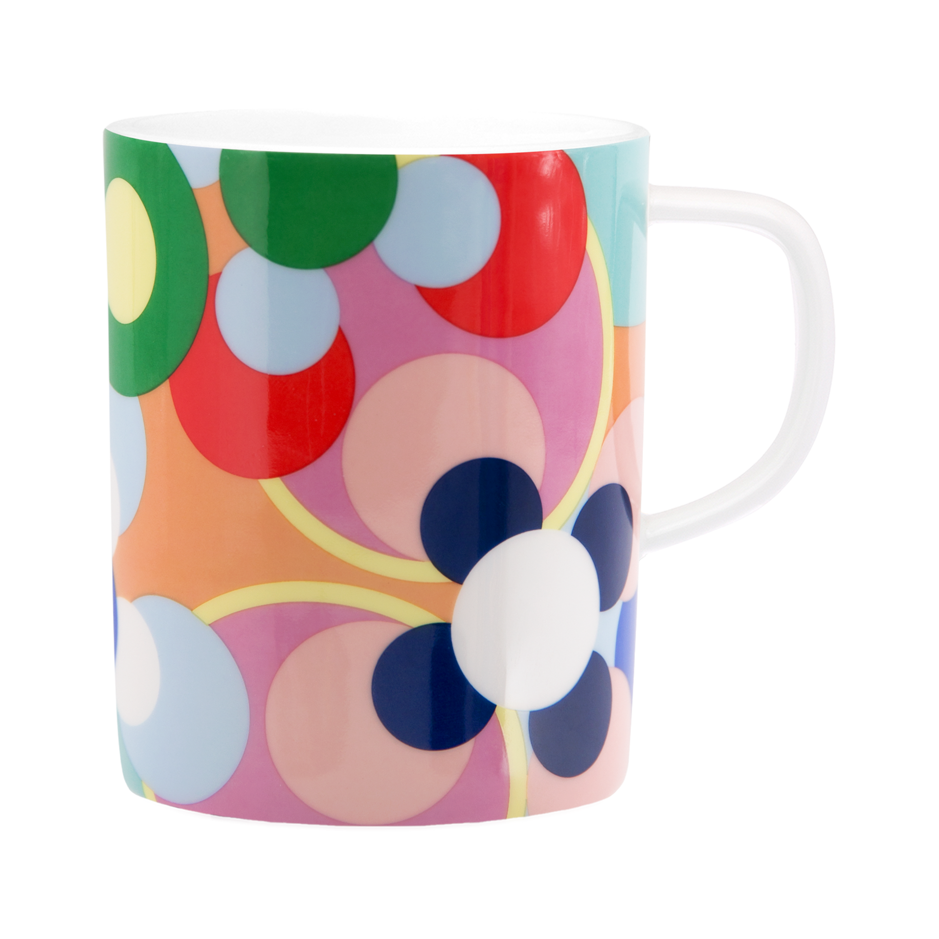 Une tasse en porcelaine avec une anse décorée d'un motif circulaire coloré en jaune, vert, rouge, rose et bleu.