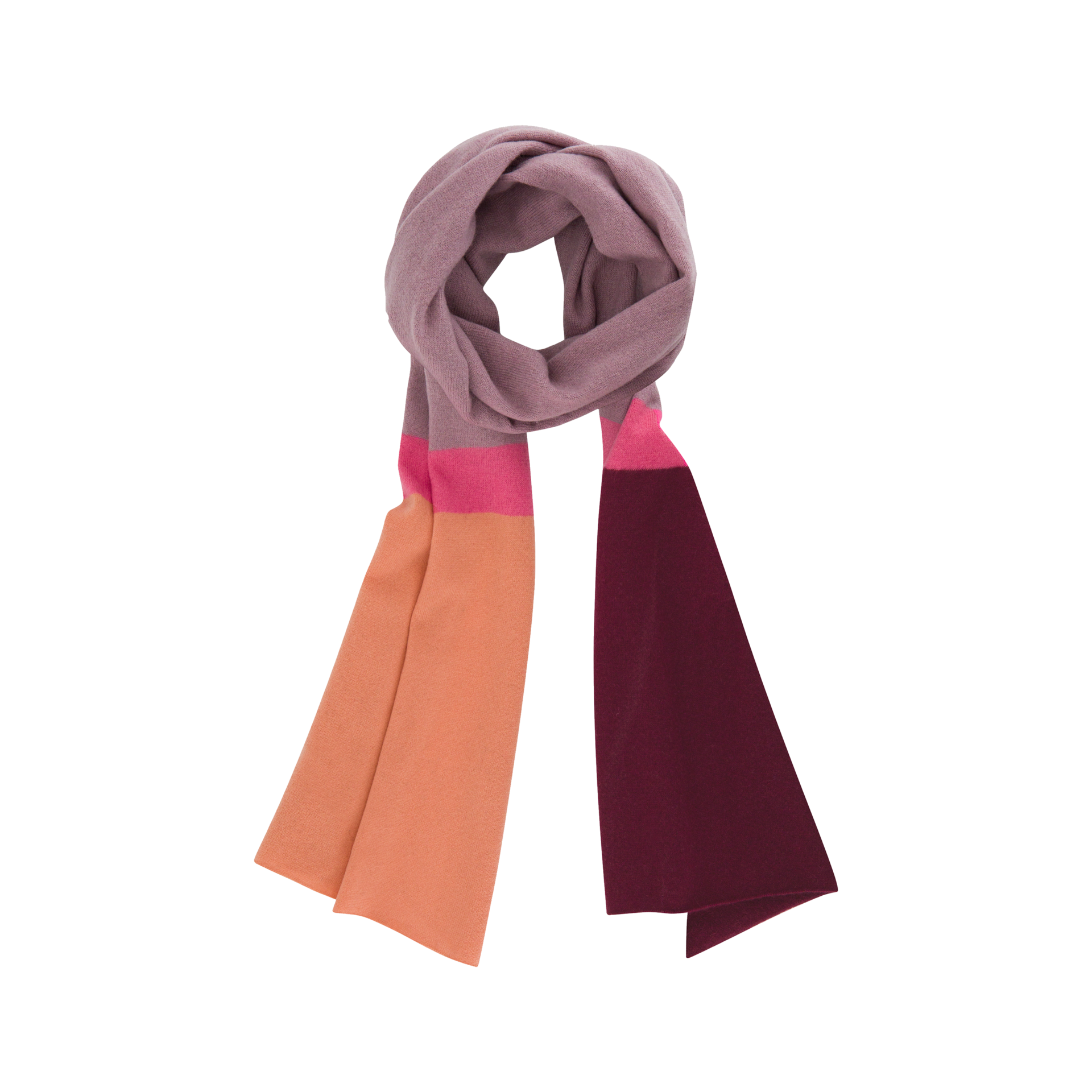 Ein Woll-Kaschmir-Schal in Rosa- und Orangetönen, mit einem Farbakzent in Pink und Dunkelrot. Der Schal ist locker drapiert und hängt auf einem weißen Hintergrund.