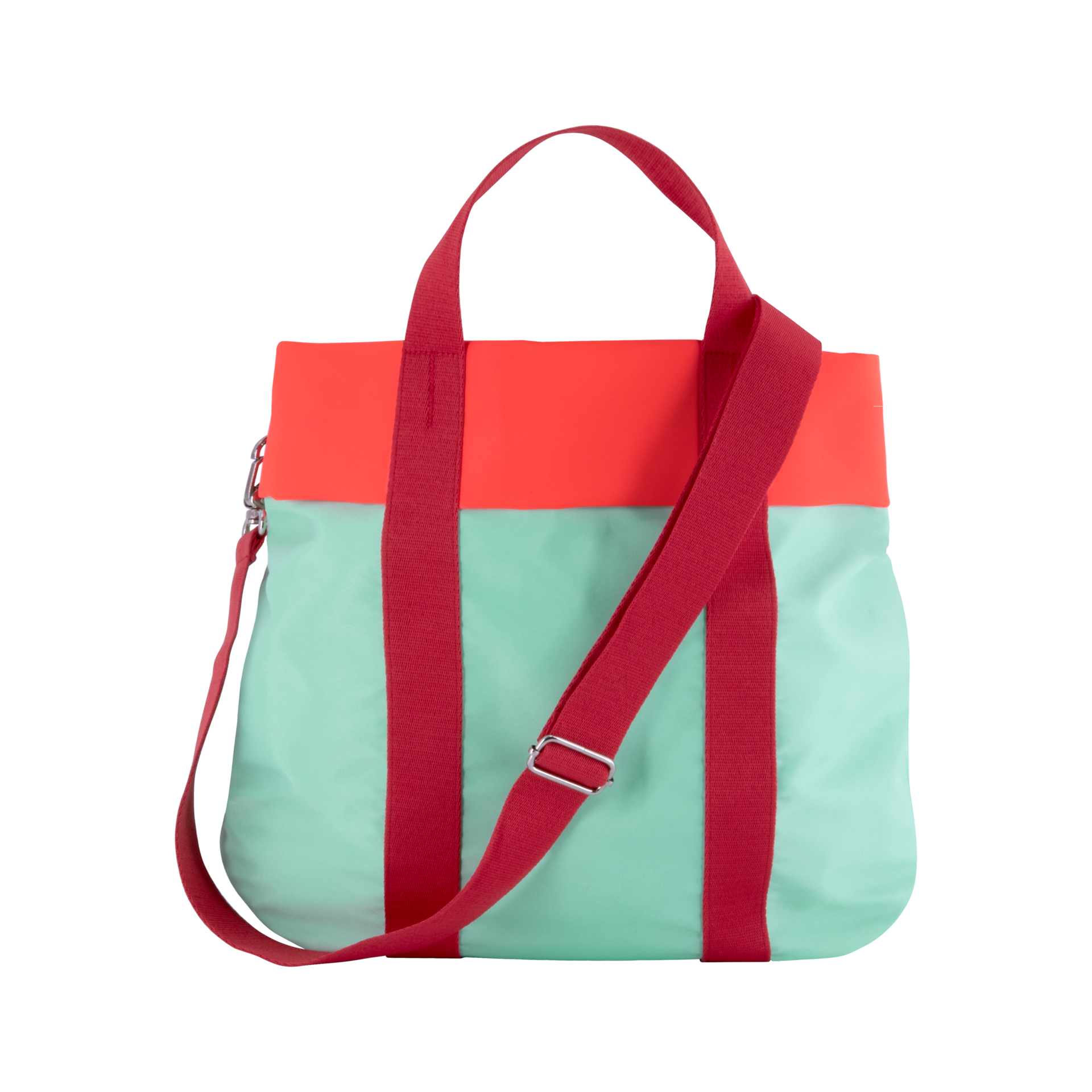 Turquoise cabas 'Nelly' avec bretelles rouges et bord supérieur en corail sur fond blanc.