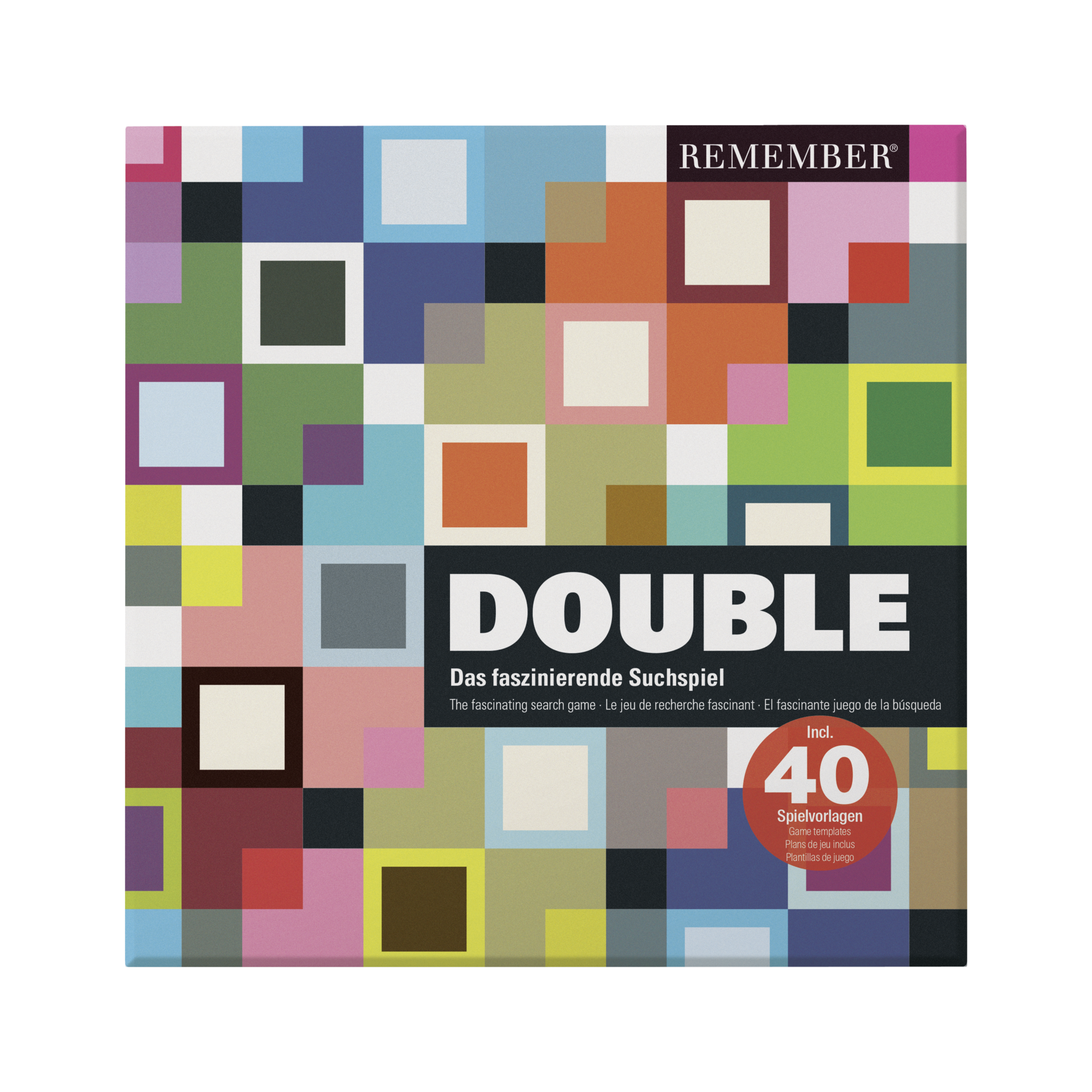 Packshot des Suchspiels "Double" mit bunten Quadraten im Hintergrund. Der Titel "Double" ist groß und mittig platziert. Hinweis auf 40 Spielvorlagen. Marke "Remember".