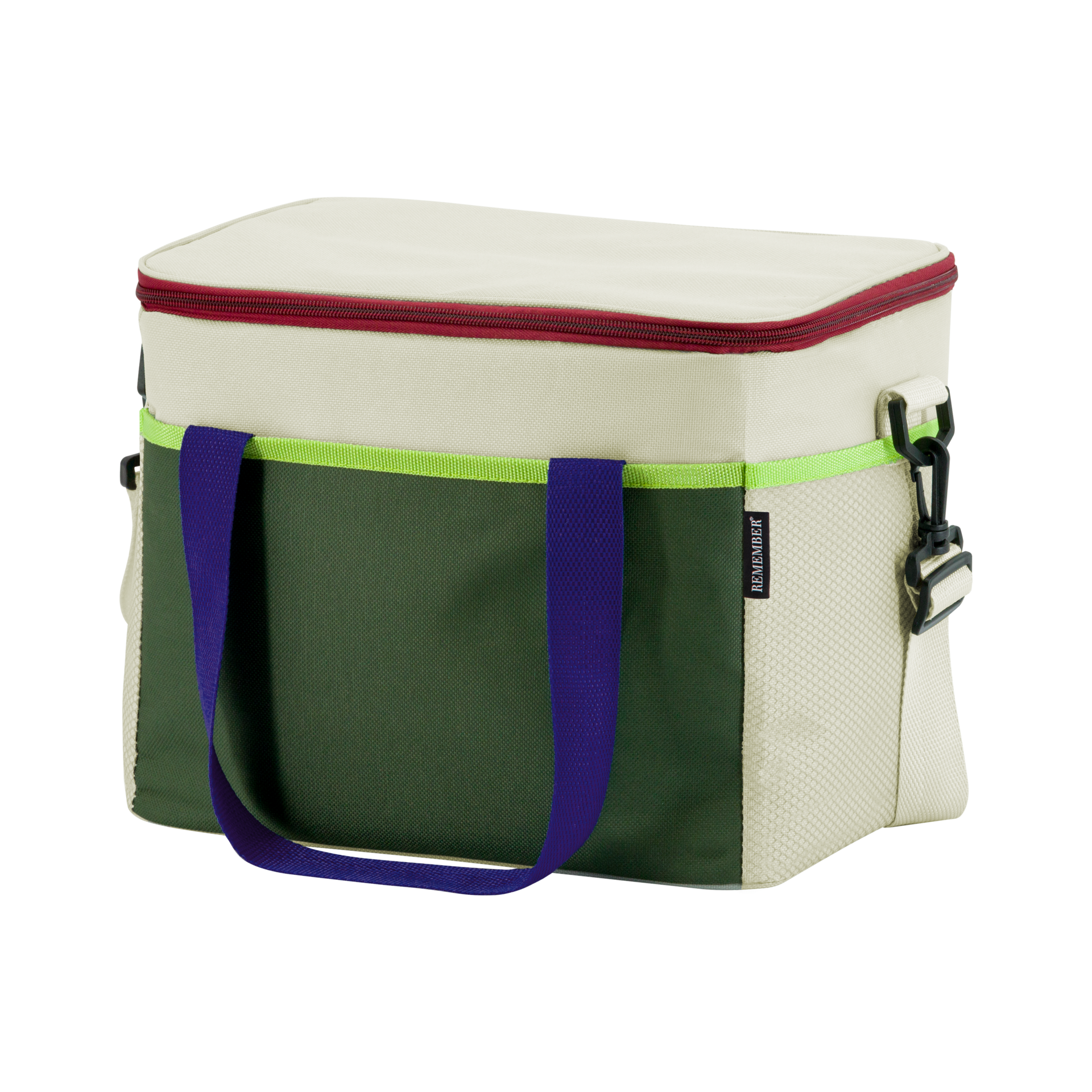 Freistehende, rechteckige Kühltasche 'Bruno' mit Tragegriffen, Schultergurt und Reißverschluss. Farblich in Beige, Grün und mit blauen Akzenten.