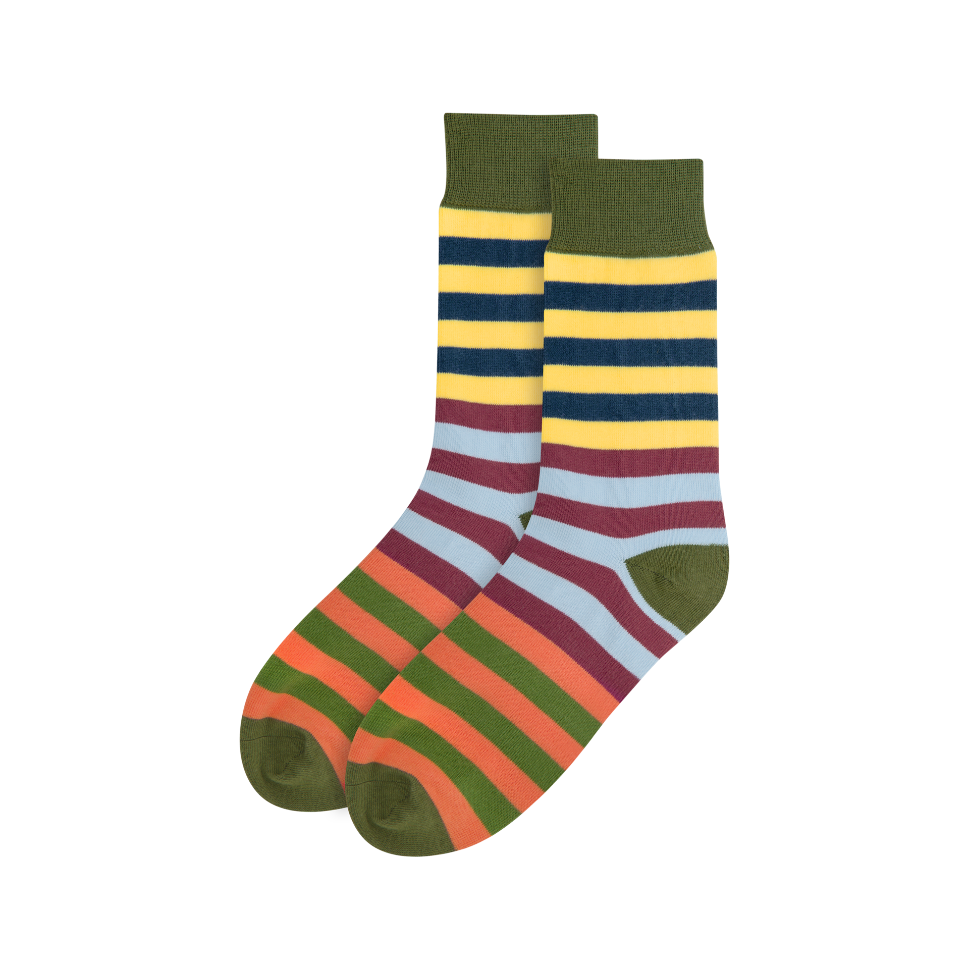 Chaussettes rayées au motif coloré de rayures horizontales. Couleurs : vert olive au bord-côte, talon et pointe ; jaune, bleu foncé, bleu clair, bordeaux et orange sur la tige. Douces, extensibles, tailles 41-46.