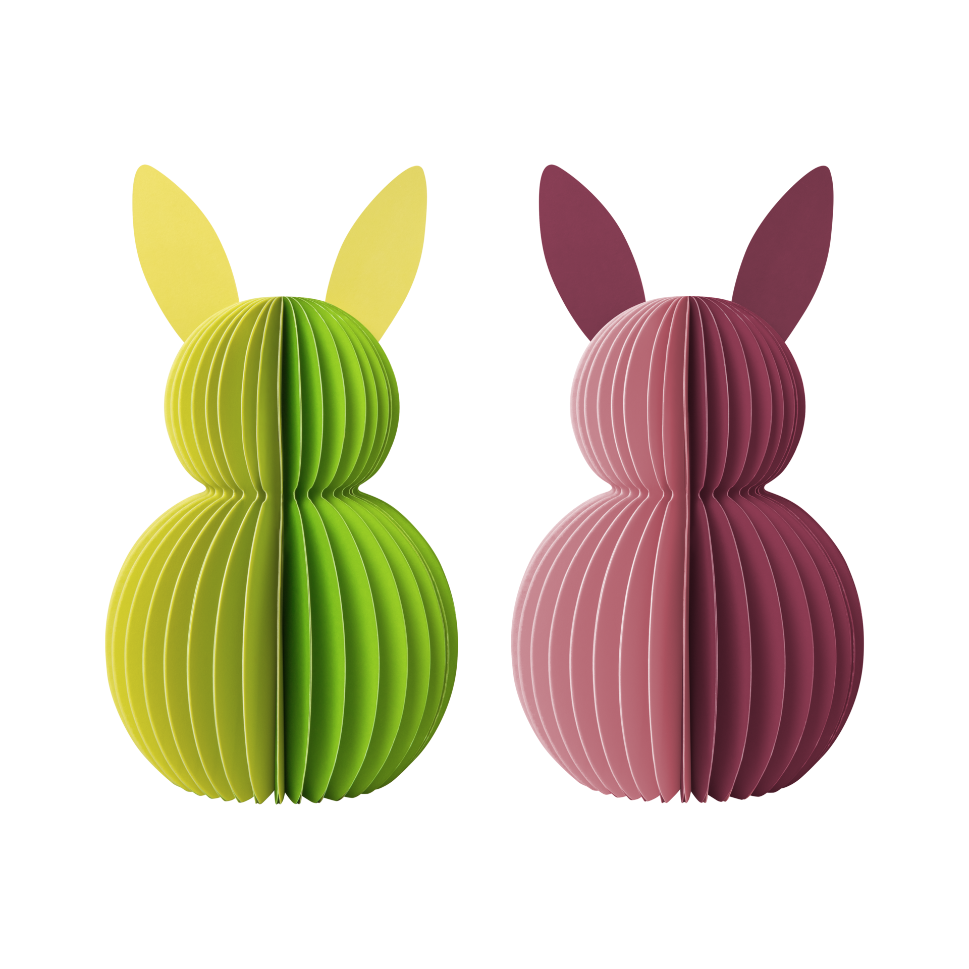 Zwei Papierhasen, einer grün mit gelben Ohren, der andere fuchsia, beide im Akkordeon-Stil gefaltet. Osterdeko.