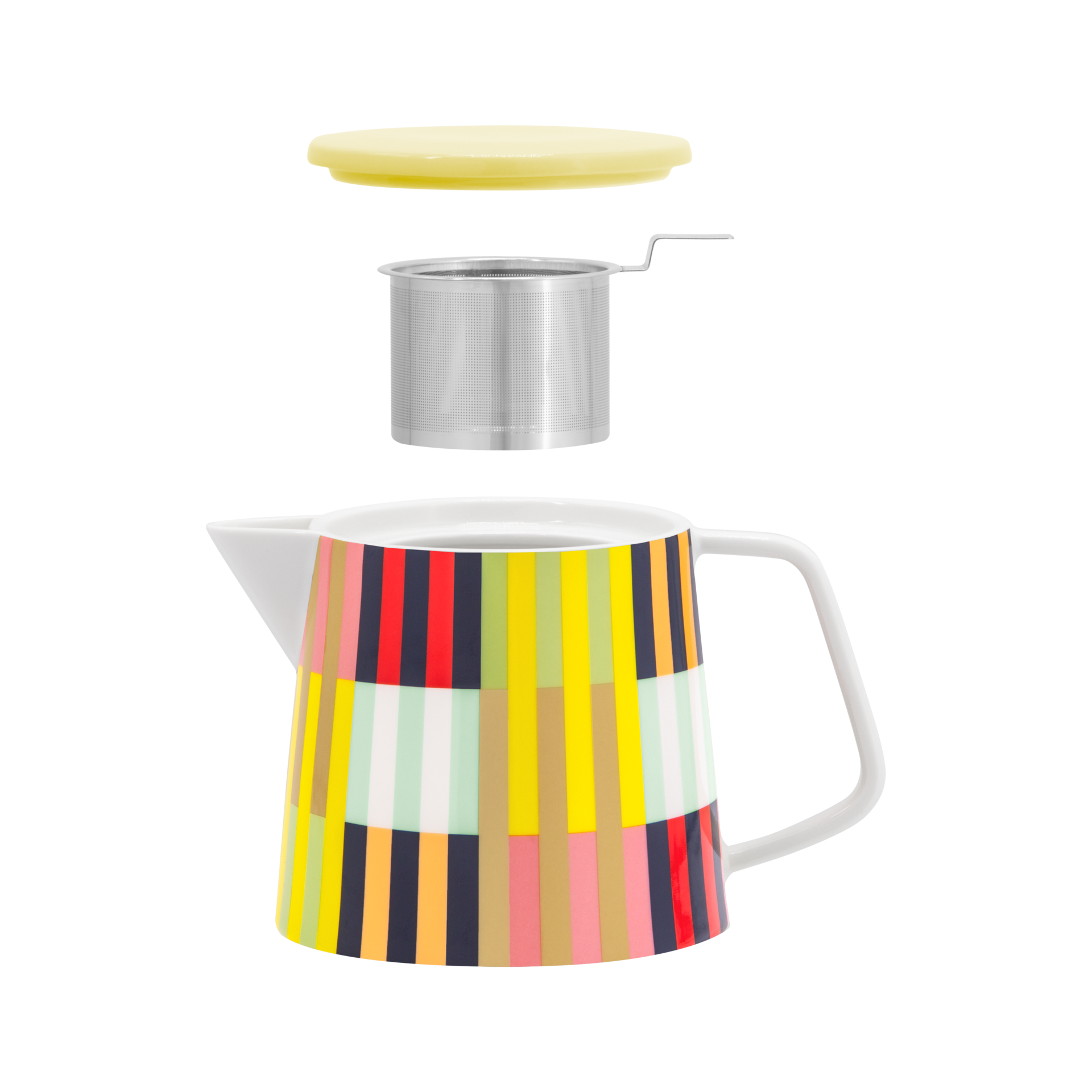 'Havanna' Teekanne mit gelbem Deckel, Edelstahlsieb und buntem Streifenmuster aus Porzellan, freigestellt vor weißem Hintergrund.