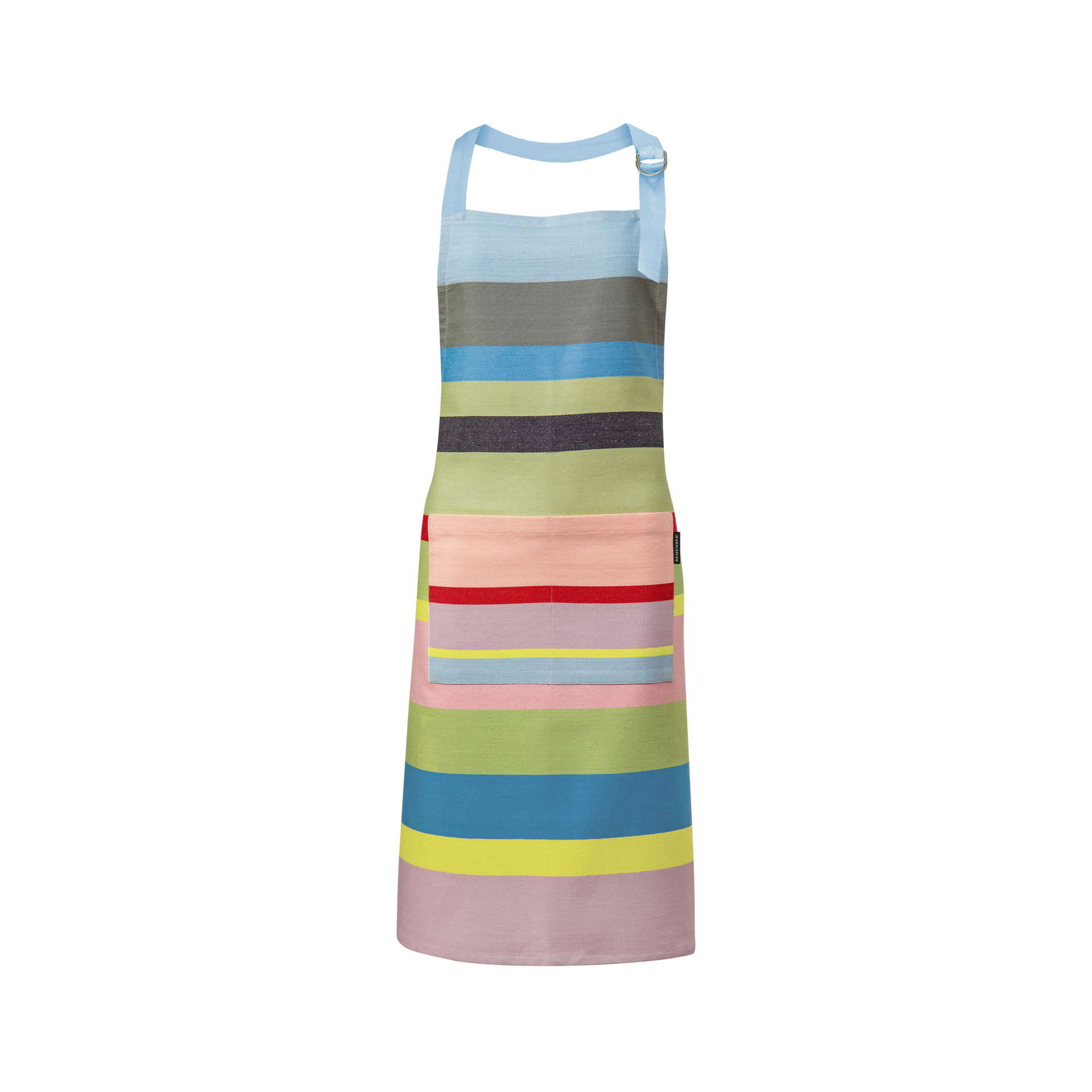 Tablier en coton à larges rayures horizontales bleu clair, gris foncé, turquoise, vert olive, vert clair, rose, rouge et jaune. Doté d'une grande poche avant rayée et d'un cordon réglable dans la nuque muni d'un anneau métallique.