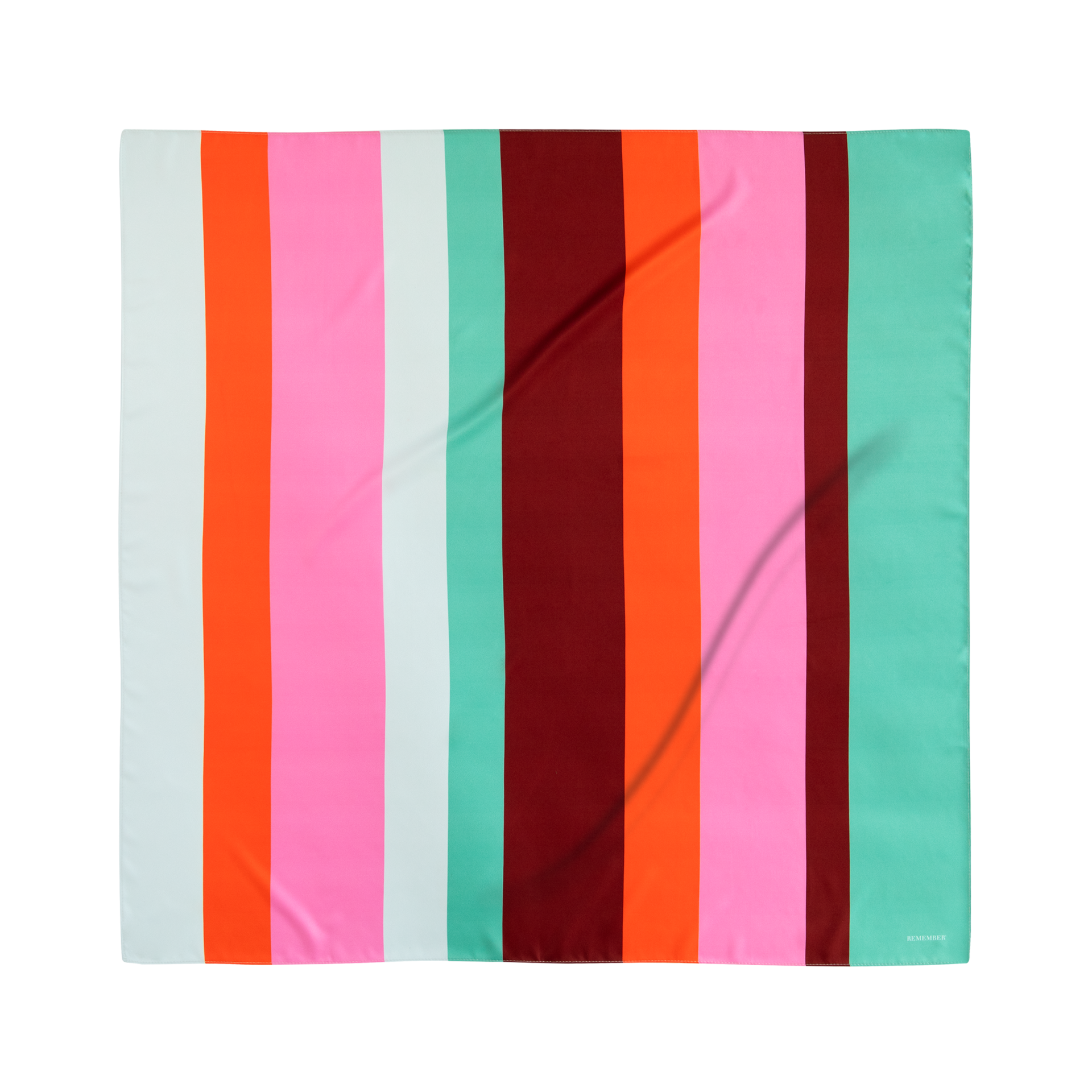Quadratisches Halstuch 'Lucienne' mit senkrechten Streifen in Weiß, Orange, Pink, Weinrot und Mintgrün auf weißem Hintergrund.