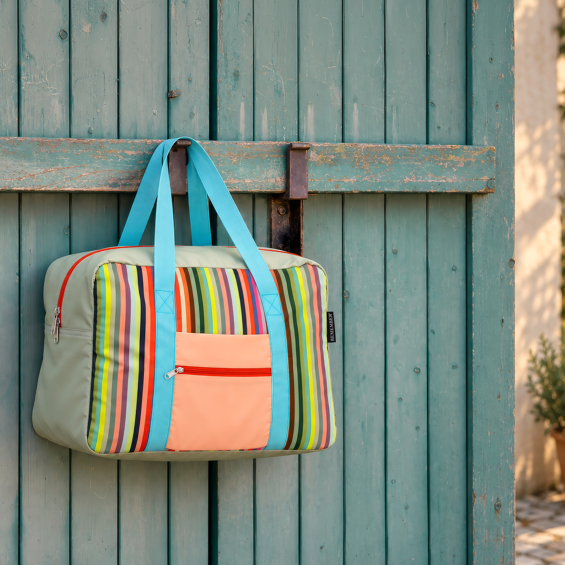 Sac de voyage rectangulaire « Milano » vert-gris clair, à rayures verticales multicolores. Poche avant pêche avec fermeture éclair rouge. Anses bleu clair et zip principal à double curseur. Brillant, léger.