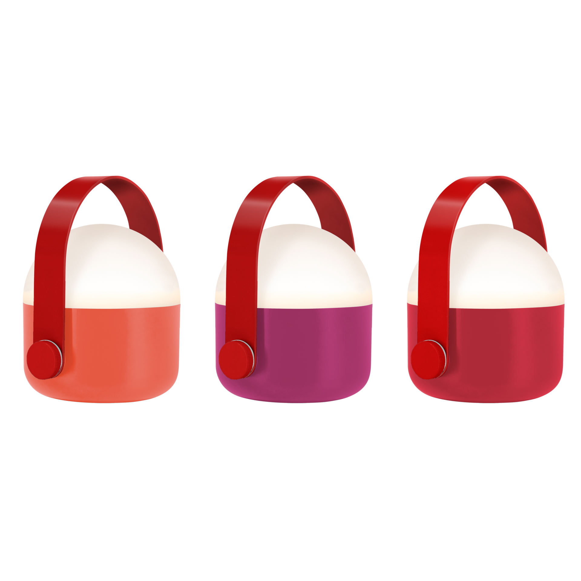 Drei akkubetriebene OLE mini LED-Leuchten nebeneinander: halbkugelförmig, oben weiß leuchtend, Sockel mit rotem Griff; Farben orange-rot, magenta, dunkelrot. Seitlich je ein roter Knopf.
