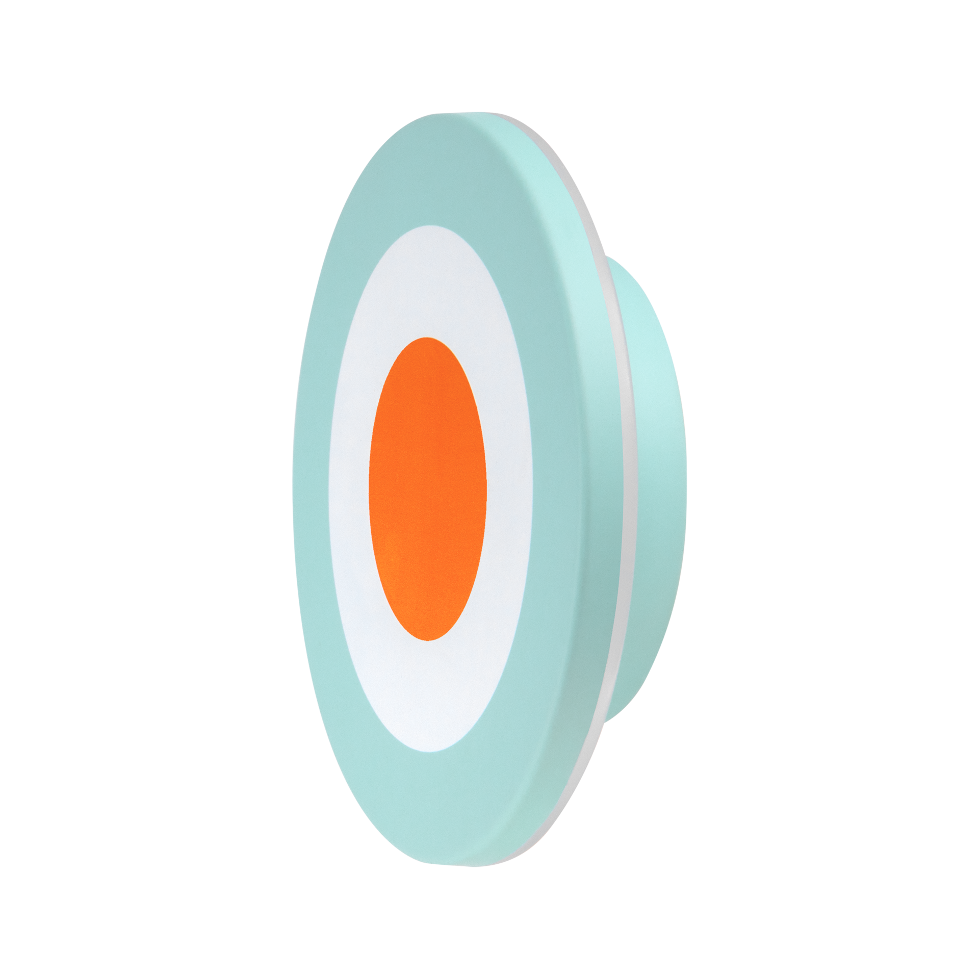 Applique murale ronde et moderne, dotée d'un anneau extérieur bleu clair, d'un anneau central blanc et d'un point orange vif au centre. Le design circulaire épuré de l'applique murale DOT se détache nettement sur le fond blanc.