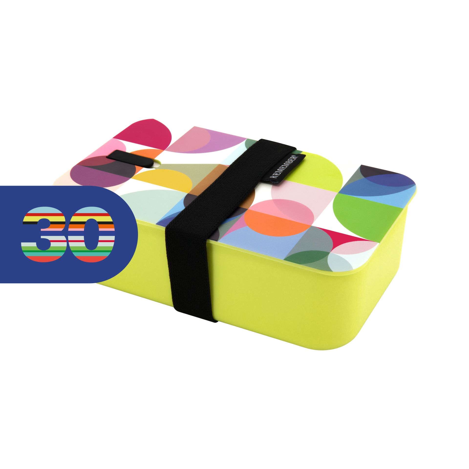 Gelbe Lunchbox mit bunten Kreisen, Quadraten und einem schwarzen Gummiband. Links ist eine blaue Zahl "30" mit bunten Streifen.