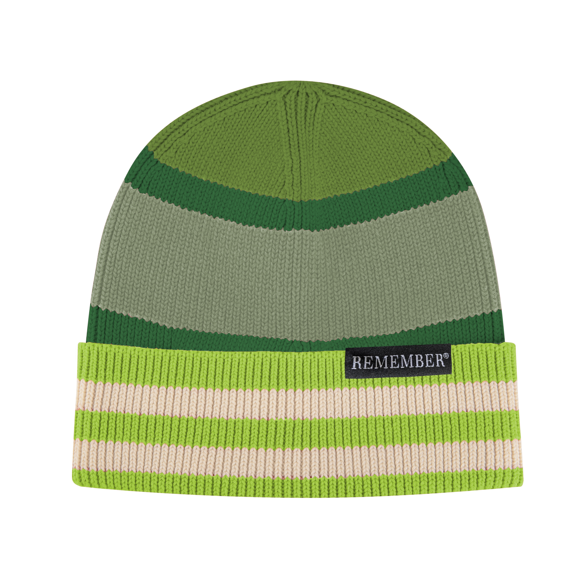 Bonnet tricoté à rayures. Larges bandes vert foncé et vert olive. Rebord orné de fines rayures horizontales vert kiwi et beiges. Petite étiquette noire « REMEMBER® » en bas à droite. Tranquillement en coton.