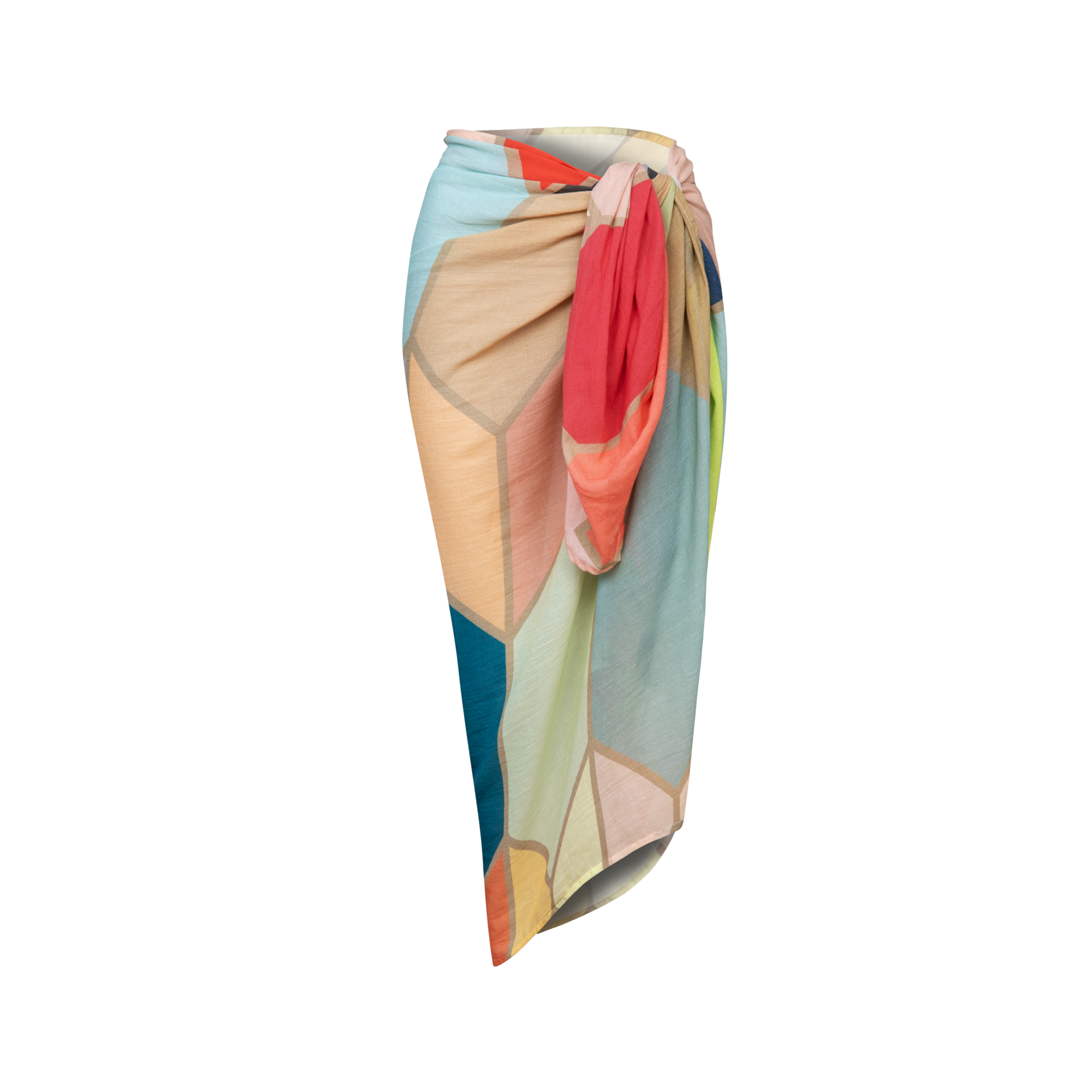 Ein 'Waikiki' Pareo, zu einem Rock gebunden, mit geometrischen Formen in Orange-, Blau- und Rottönen.