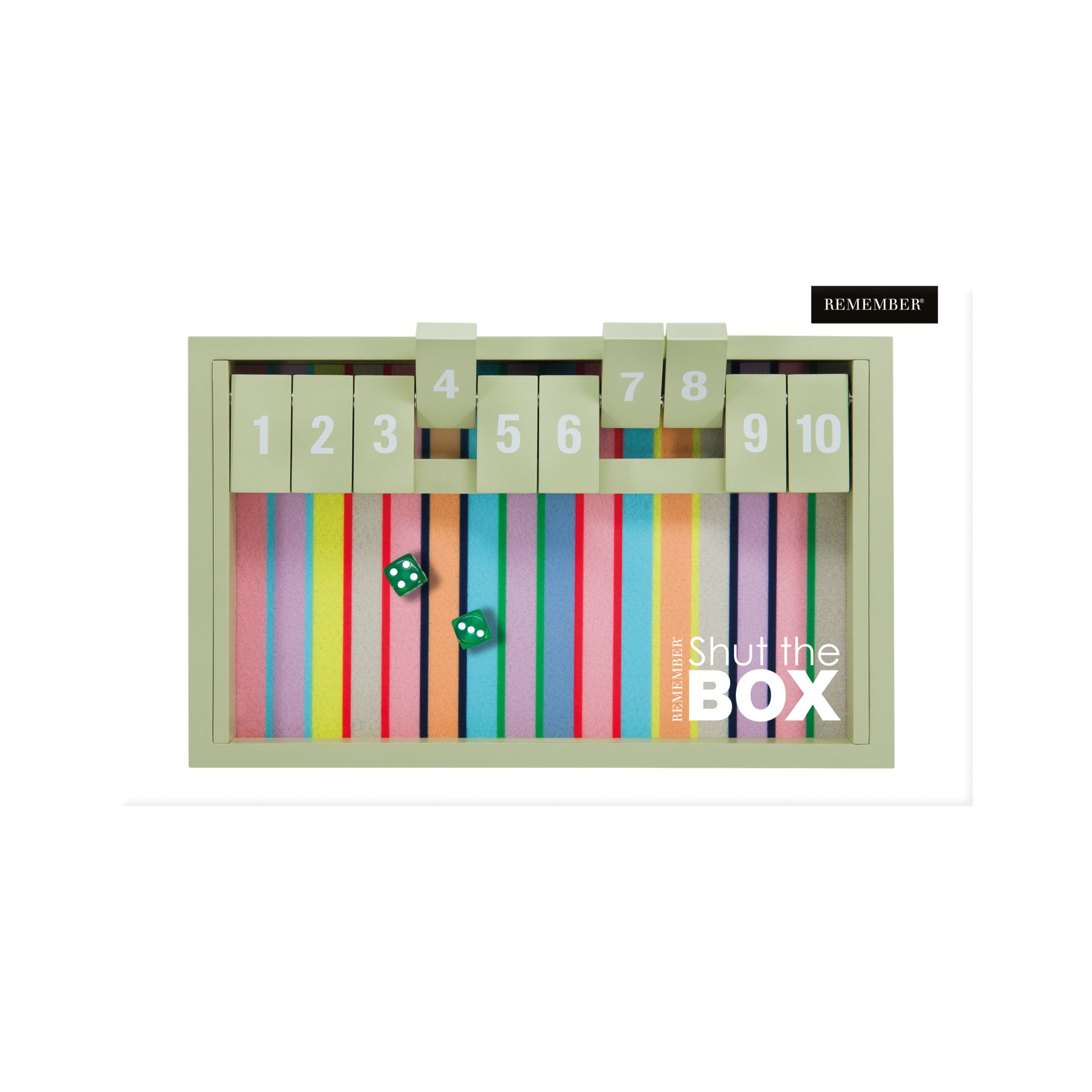 Das Holzspiel „Shut the Box“ mit Klappen 1-10, zwei grüne Würfel liegen in der Box auf bunten Streifen.