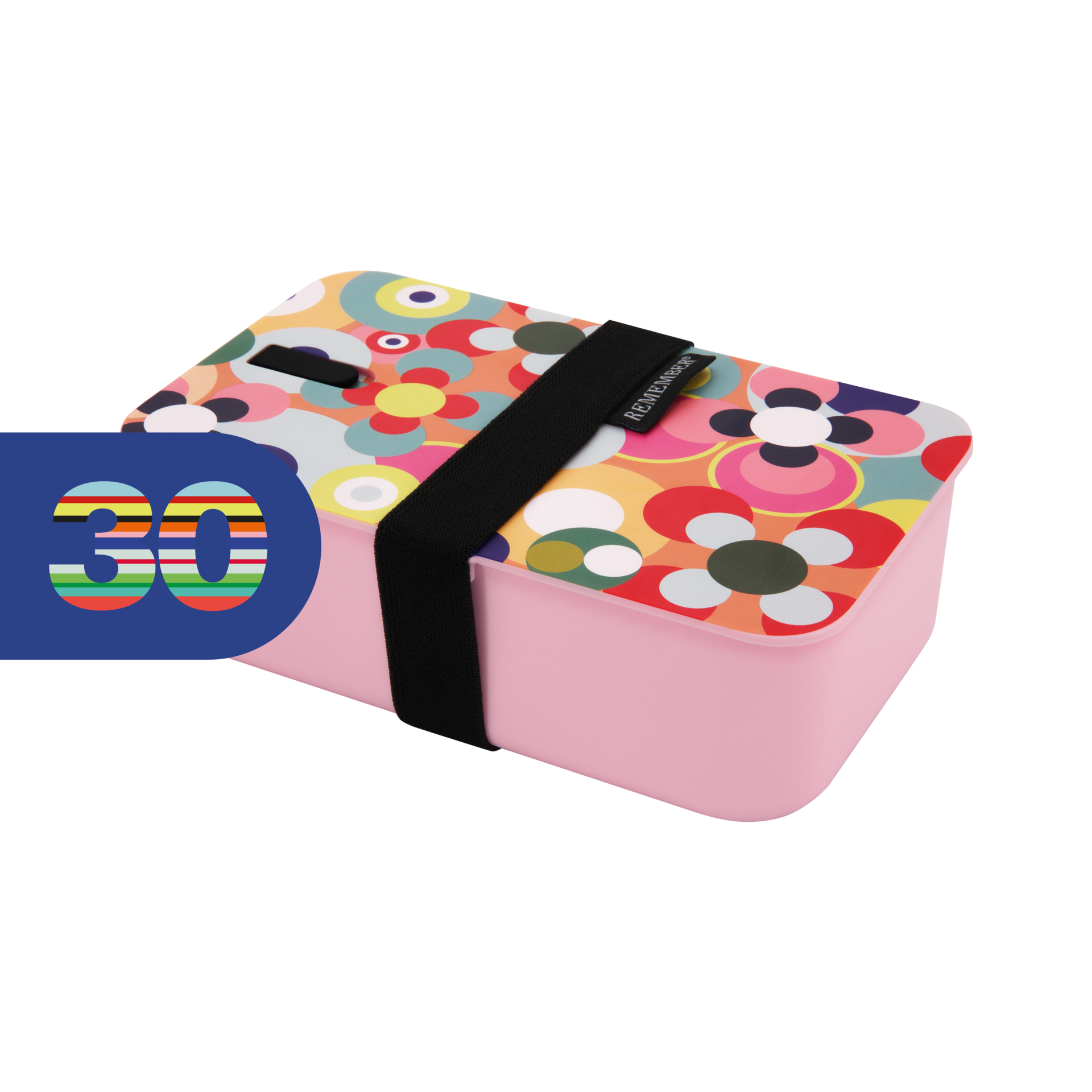 Rosa Lunchbox 'Remember 30' mit farbenfrohem, floralem Deckel und schwarzem Gummiband. Links ist eine blaue Sprechblase mit der Zahl 30 zu sehen.