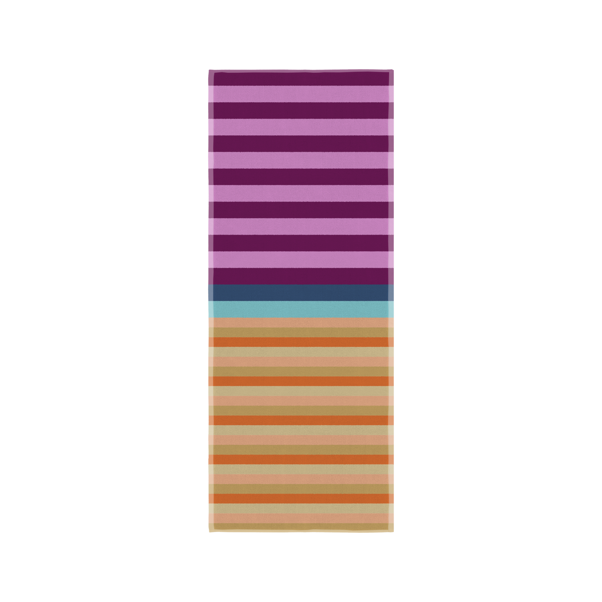 Serviette de bain Alva pliée verticalement, avec des rayures transversales colorées : en haut, alternance de violet foncé et violet clair, puis bleu foncé et turquoise clair ; en bas, alternance d'orange et de beige. Très grande, moelleuse, douce.