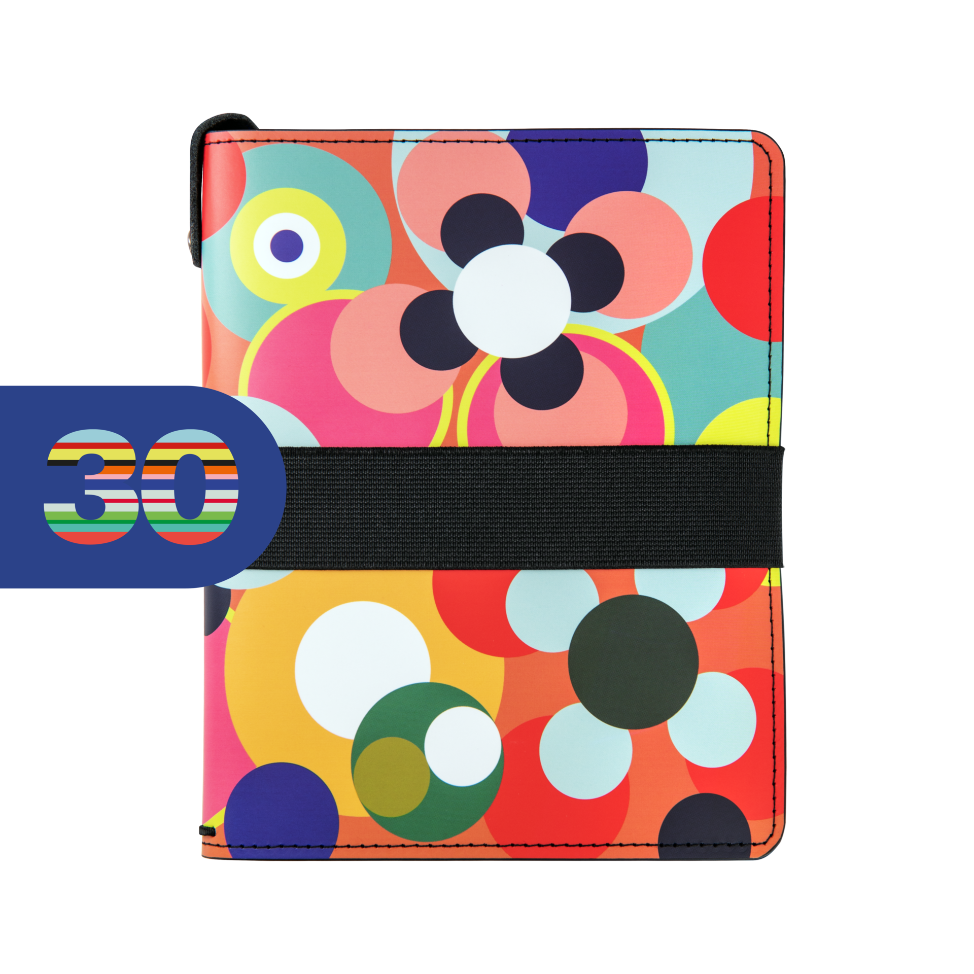 Quadratisches TripBook Sushi mit bunten Kreisen, schwarzem Gummiband und „30“-Logo.