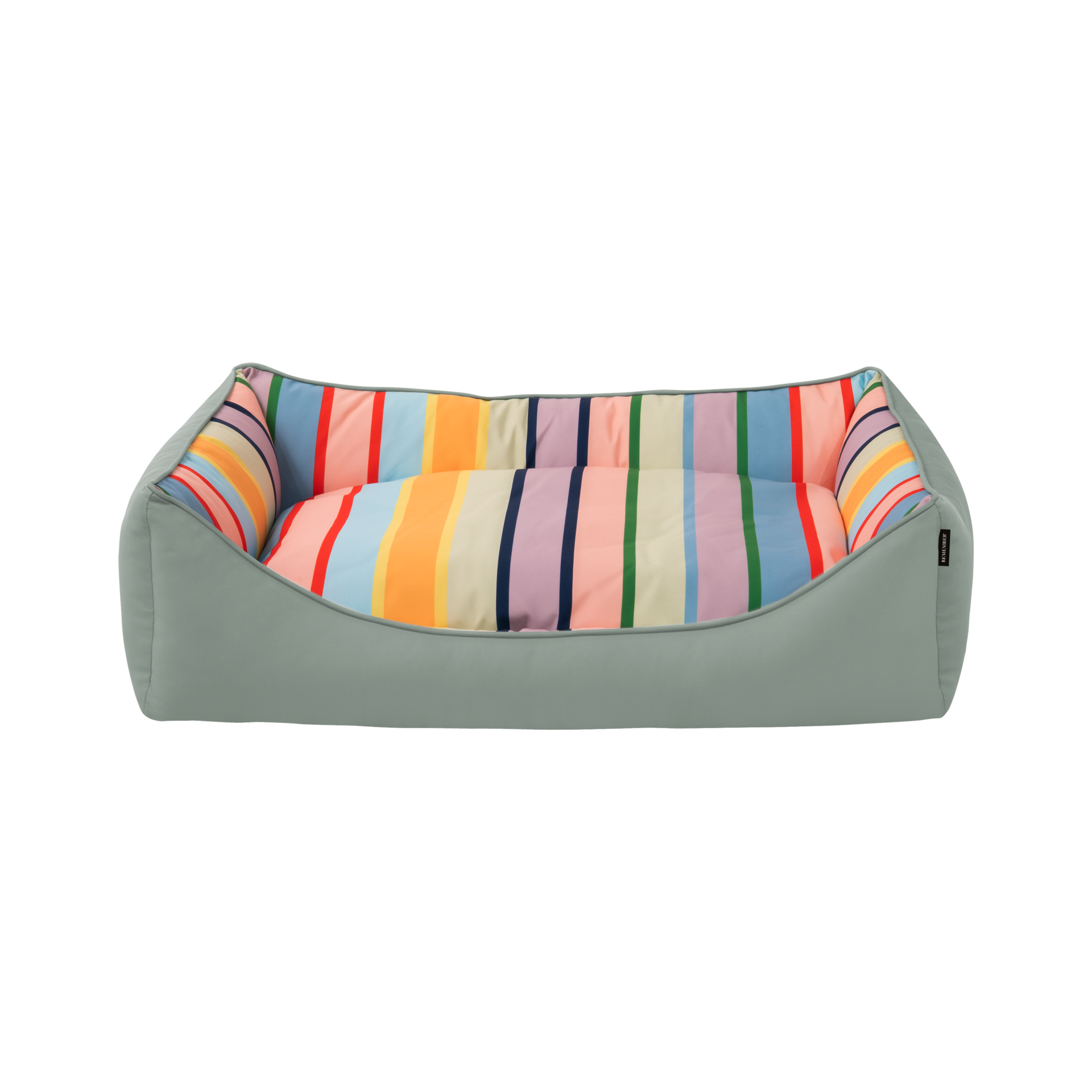 Grand panier pour chien « Lotta L » avec un revêtement extérieur robuste gris clair et vert et un coussin amovible. Le coussin est rayé de couleurs vives avec des rayures verticales rouges, bleues, jaunes, orange, vertes, roses et violettes.