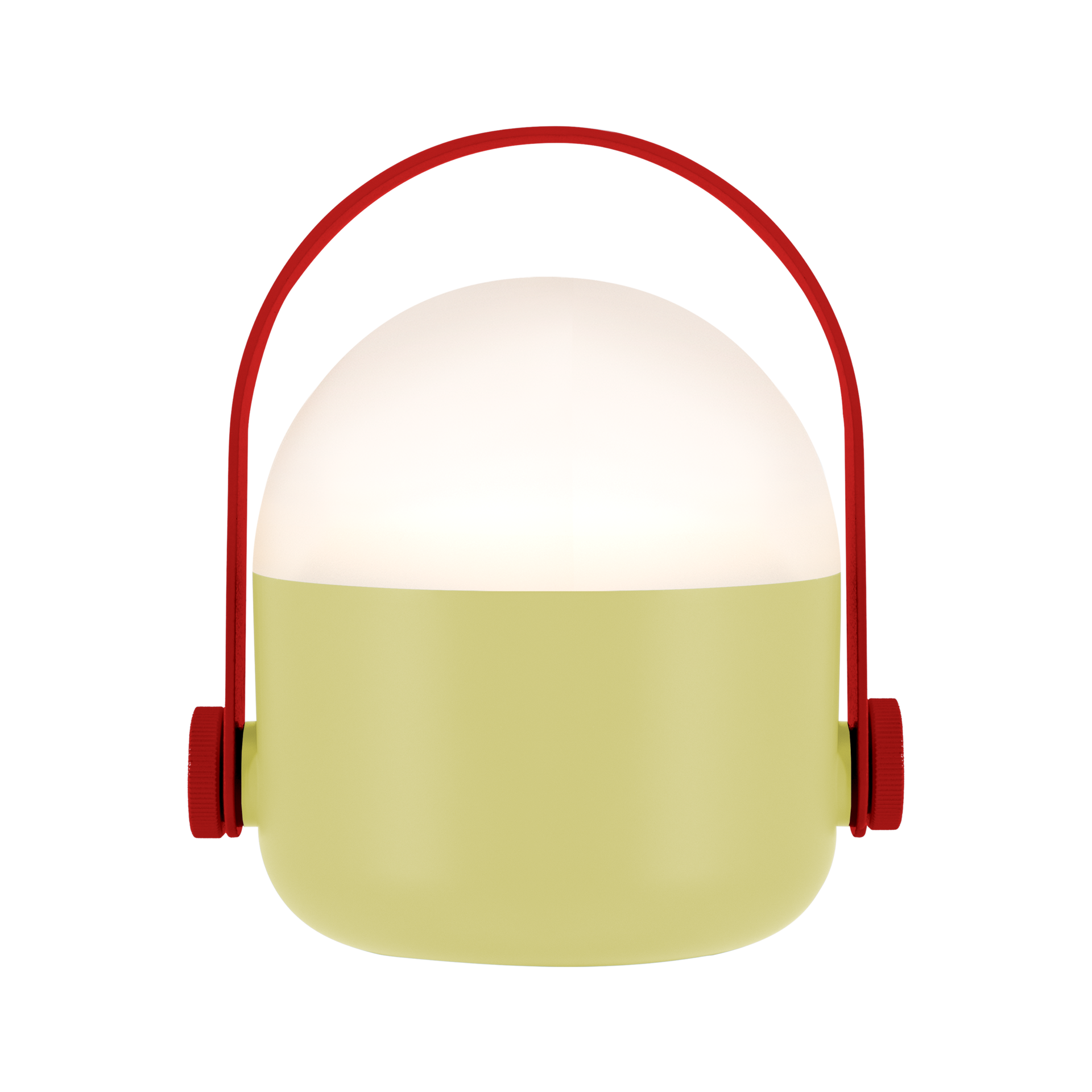 Freigestellte, tragbare Ole Leuchte in Sand mit rotem Henkel. Das Licht ist eingeschaltet und scheint warmweiß.