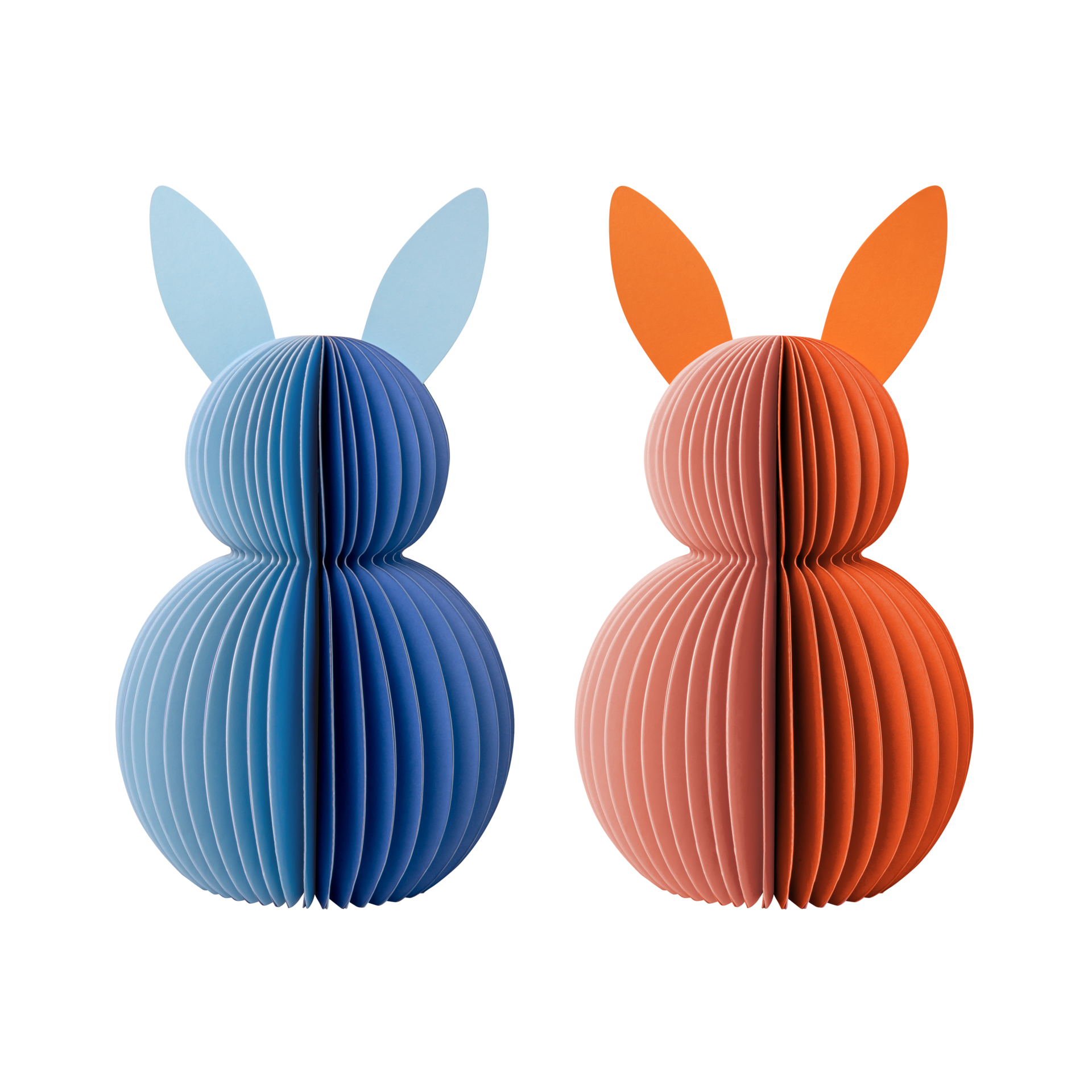 Zwei Papierhasen: links blau, rechts orange. Jeder Hase besteht aus gefächertem Papier und hat Ohren.