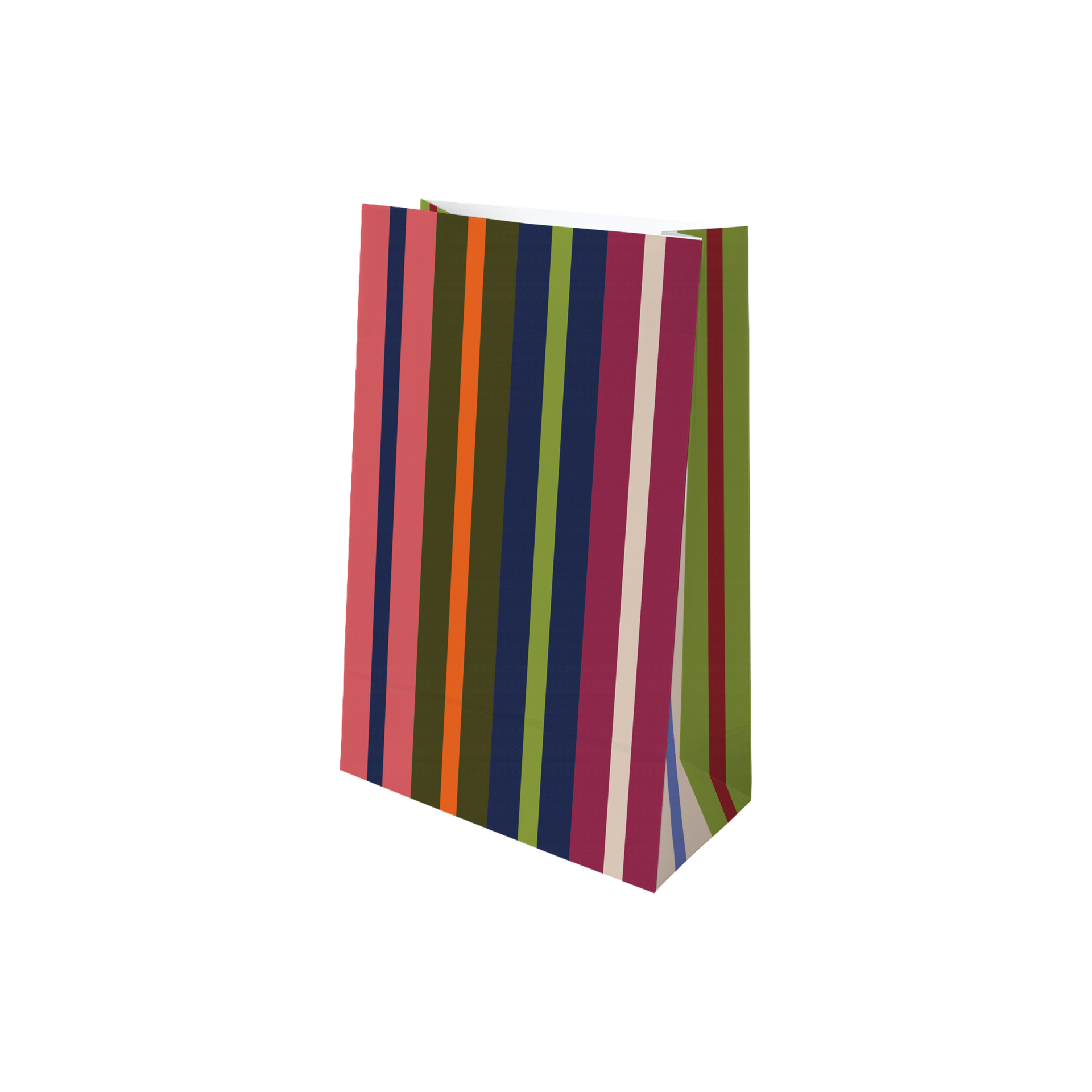 Hochformatige Papiertüte mit farbenfrohem Streifenmuster: vertikale Linien in Korallenrot, Orange, Olivgrün, Dunkelblau, Lindgrün, Magenta, Beige und Dunkelrot. Leicht schräg, oben offen, bereit als Adventskalender-Tüte.